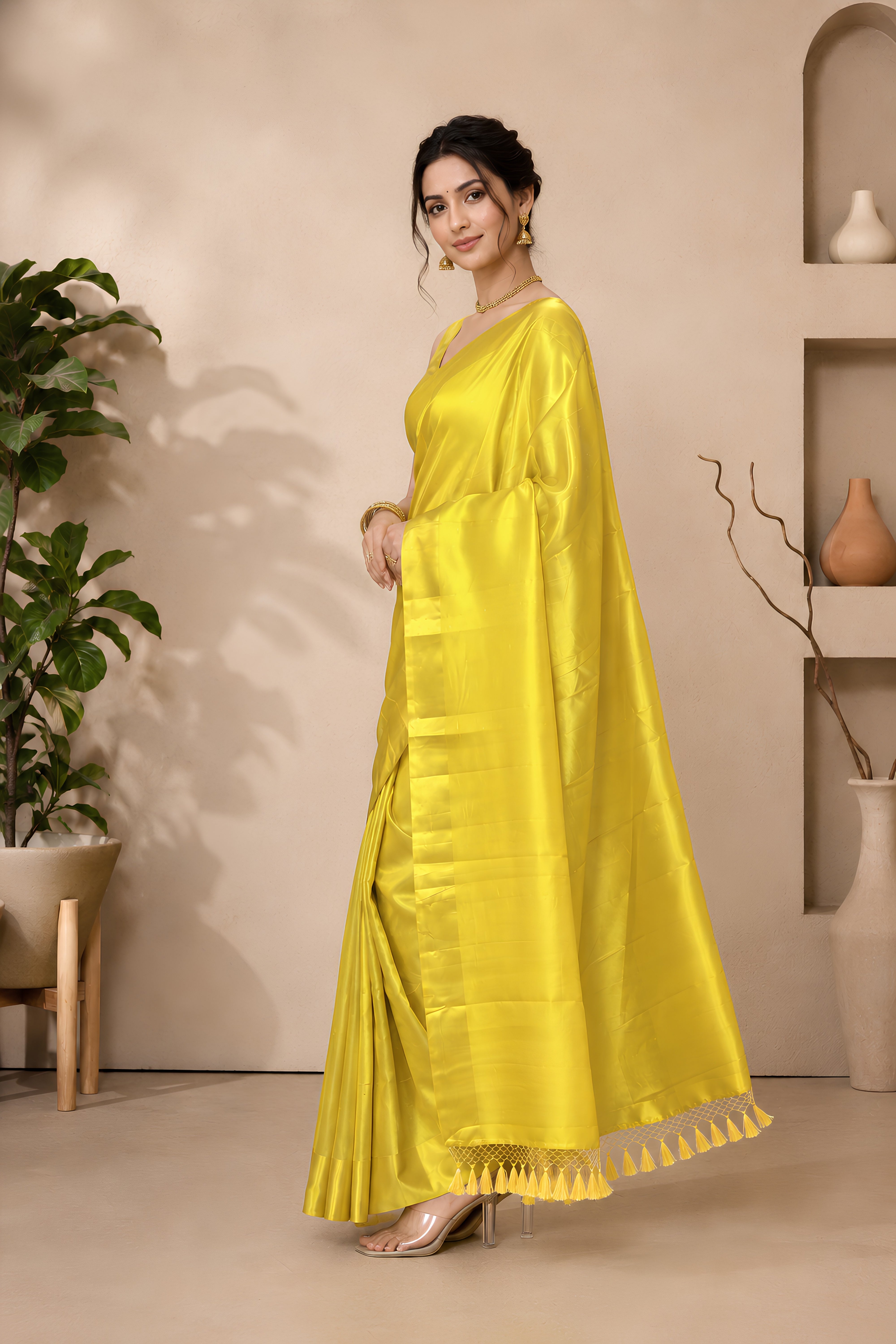 Celebrity-Inspired Luminous Lime Yellow Raw Mango Silk Saree
