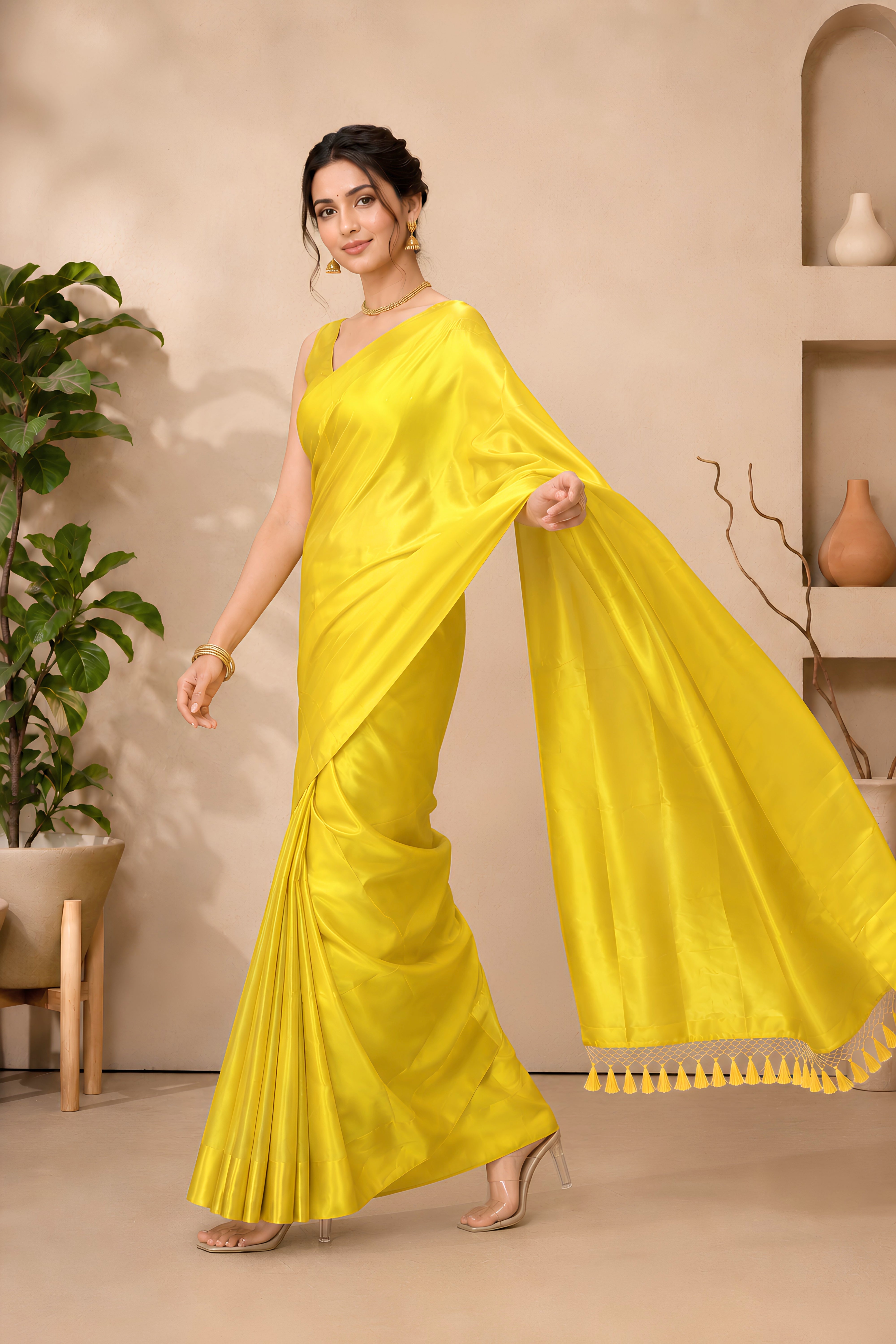 Celebrity-Inspired Luminous Lime Yellow Raw Mango Silk Saree