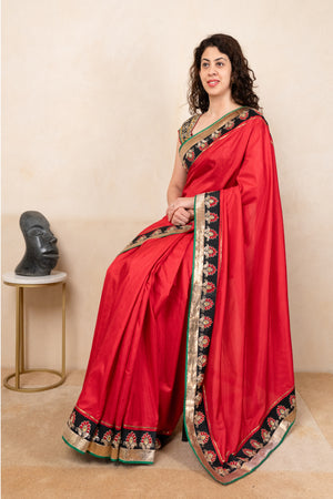 Stunning Crimson Red Soft Silk Saree with Ready-to-Wear Designer Blouse