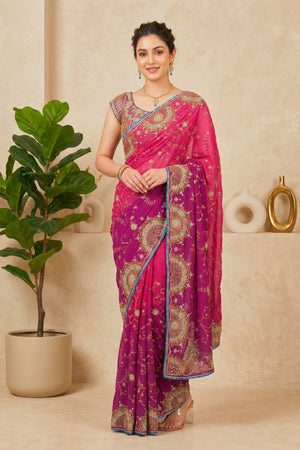 Ombre Pink & Purple Embroidered Georgette Saree with Readymade Blouse