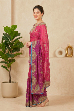 Ombre Pink & Purple Embroidered Georgette Saree with Readymade Blouse