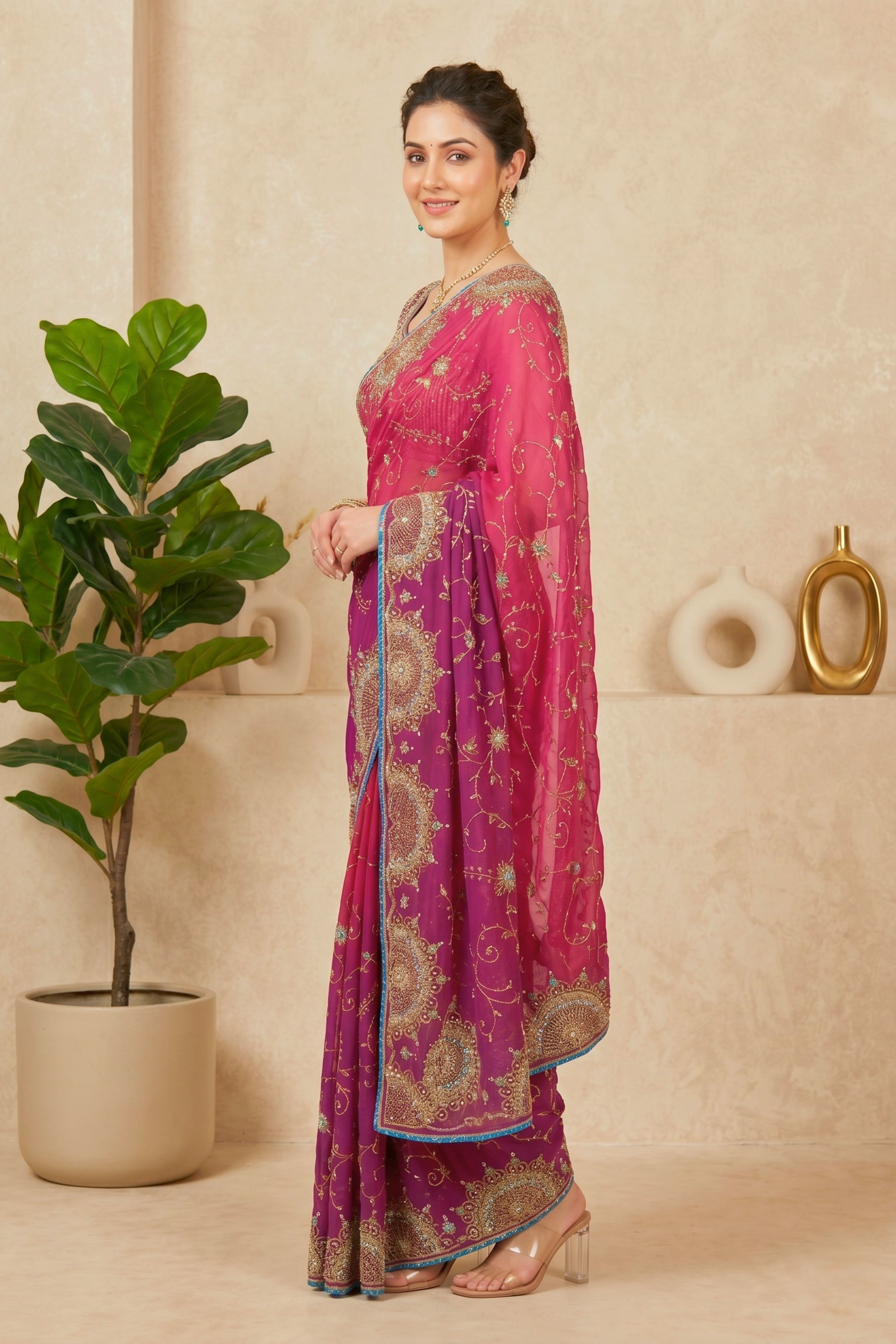 Ombre Pink & Purple Embroidered Georgette Saree with Readymade Blouse