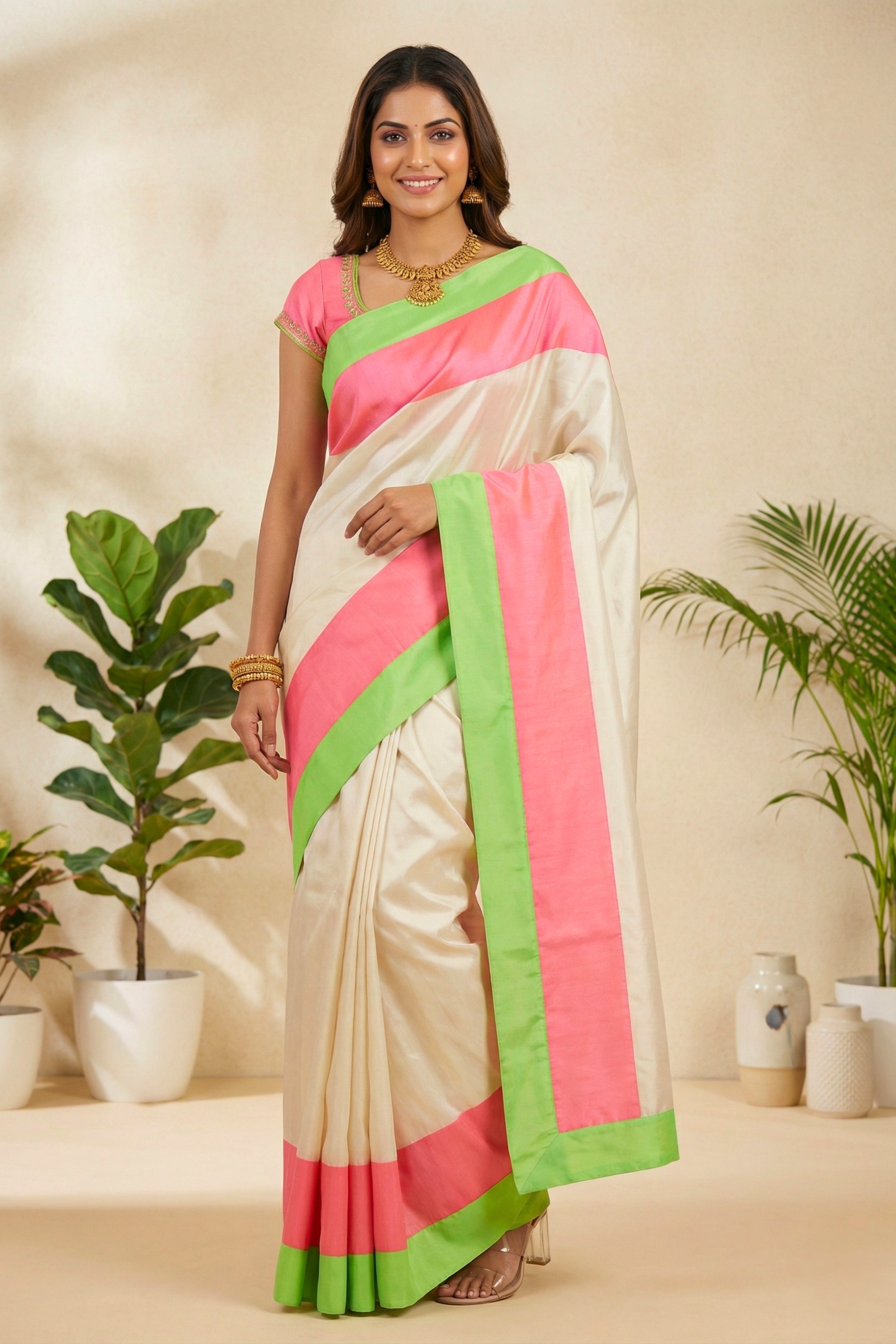 Ivory Soft Silk Saree with Neon Pink & Green Border with Readymade Blouse