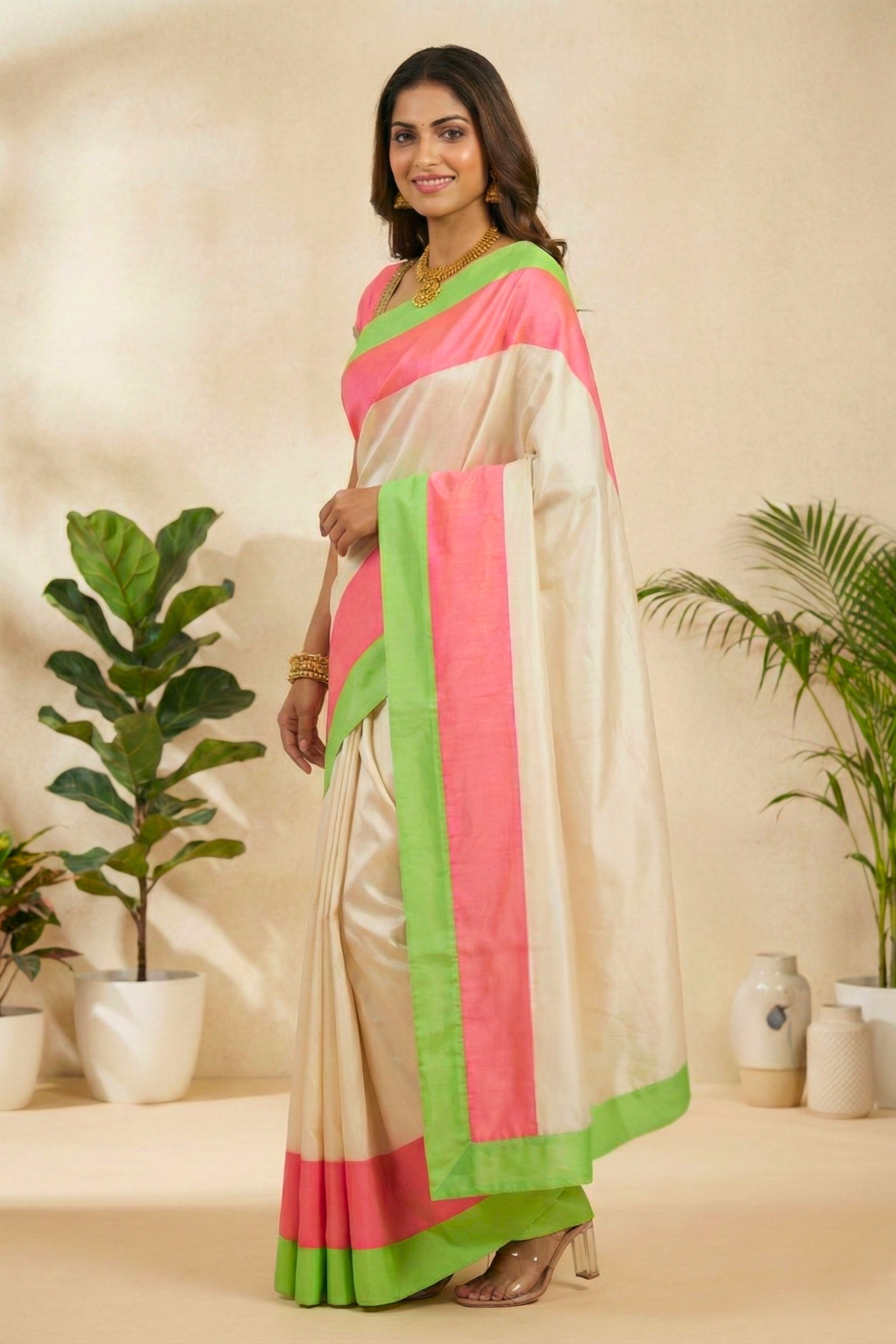 Ivory Soft Silk Saree with Neon Pink & Green Border with Readymade Blouse