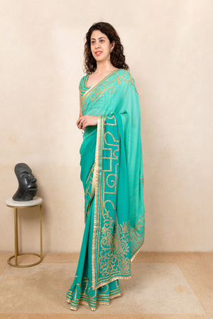 Vibrant Teal Green Pure Georgette Saree with Ready Blouse