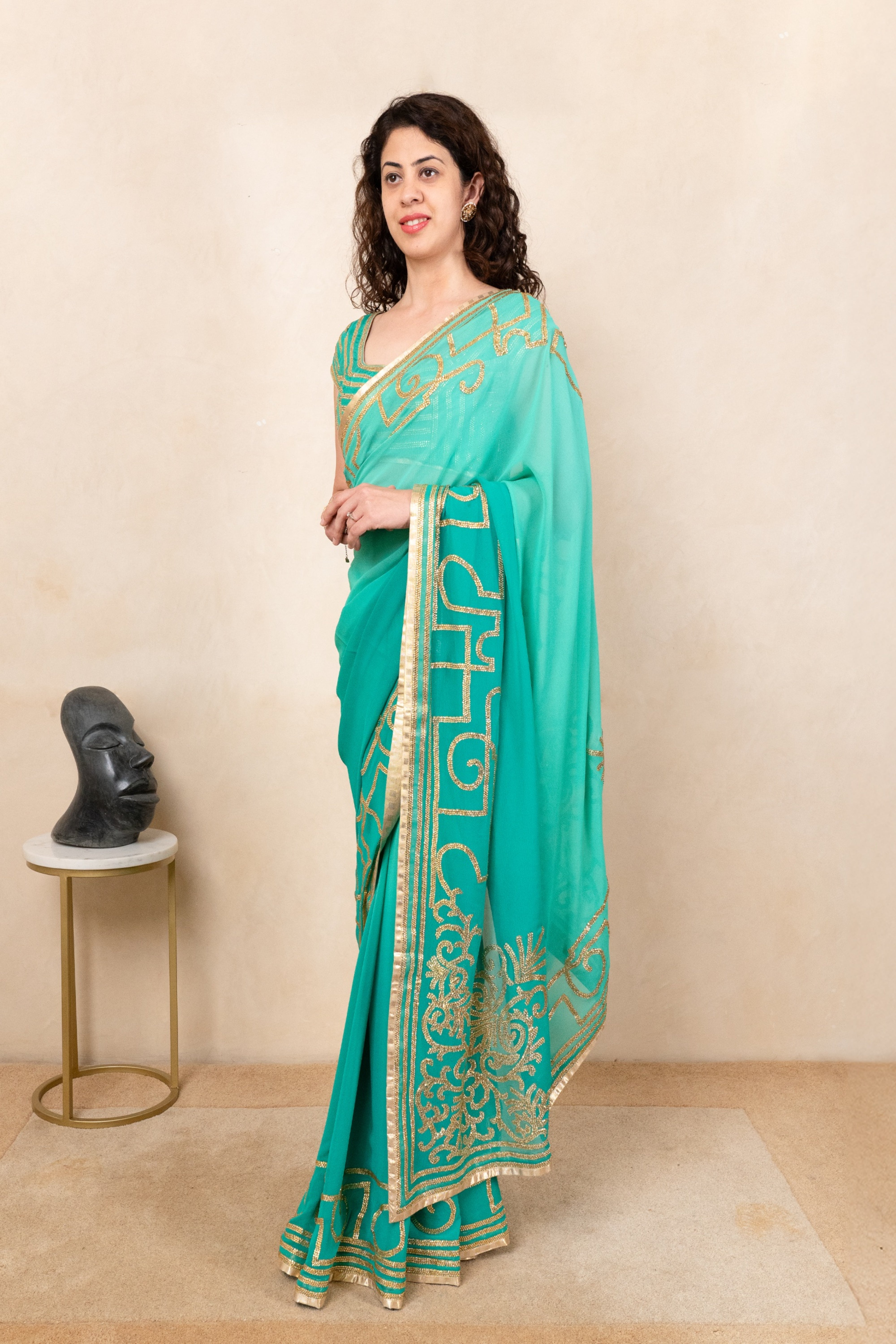 Vibrant Teal Green Pure Georgette Saree with Ready Blouse