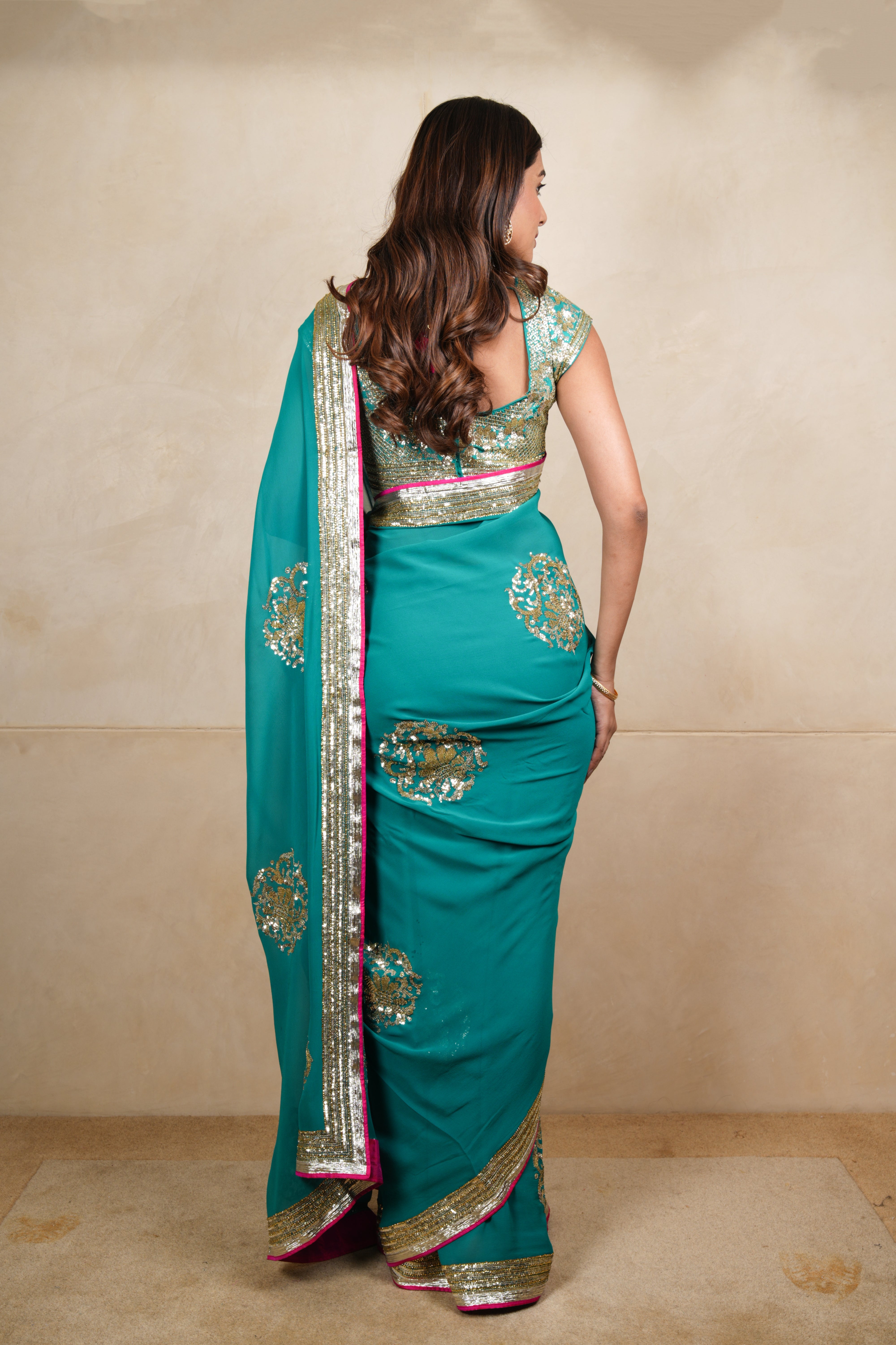 Elegant Rama Green Designer Georgette Saree with Ready Blouse