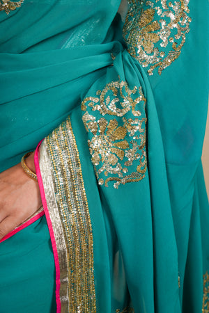 Elegant Rama Green Designer Georgette Saree with Ready Blouse