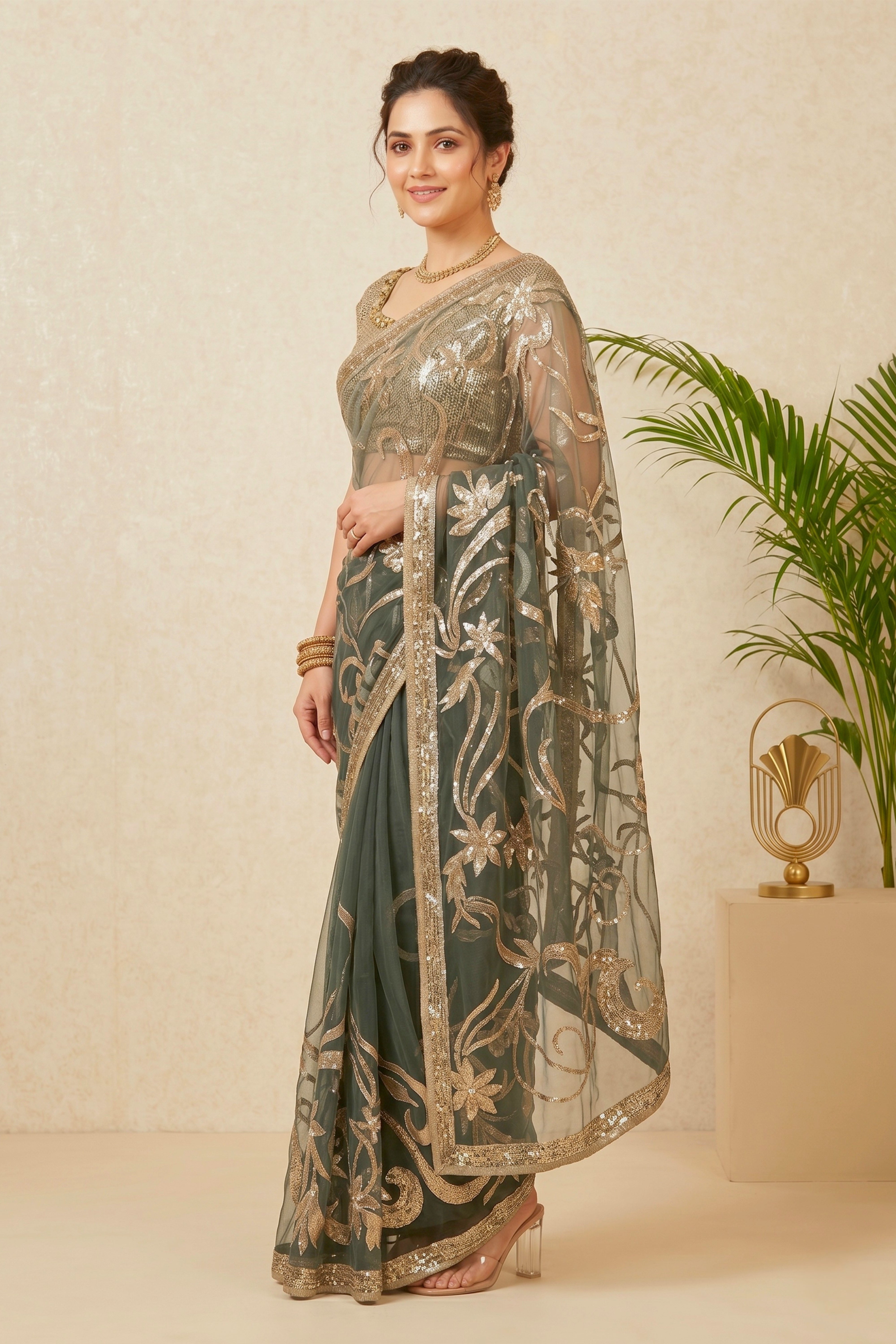 Glamorous Charcoal Grey Embroidered Net Saree with Readymade Blouse