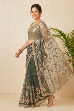 Glamorous Charcoal Grey Embroidered Net Saree with Readymade Blouse