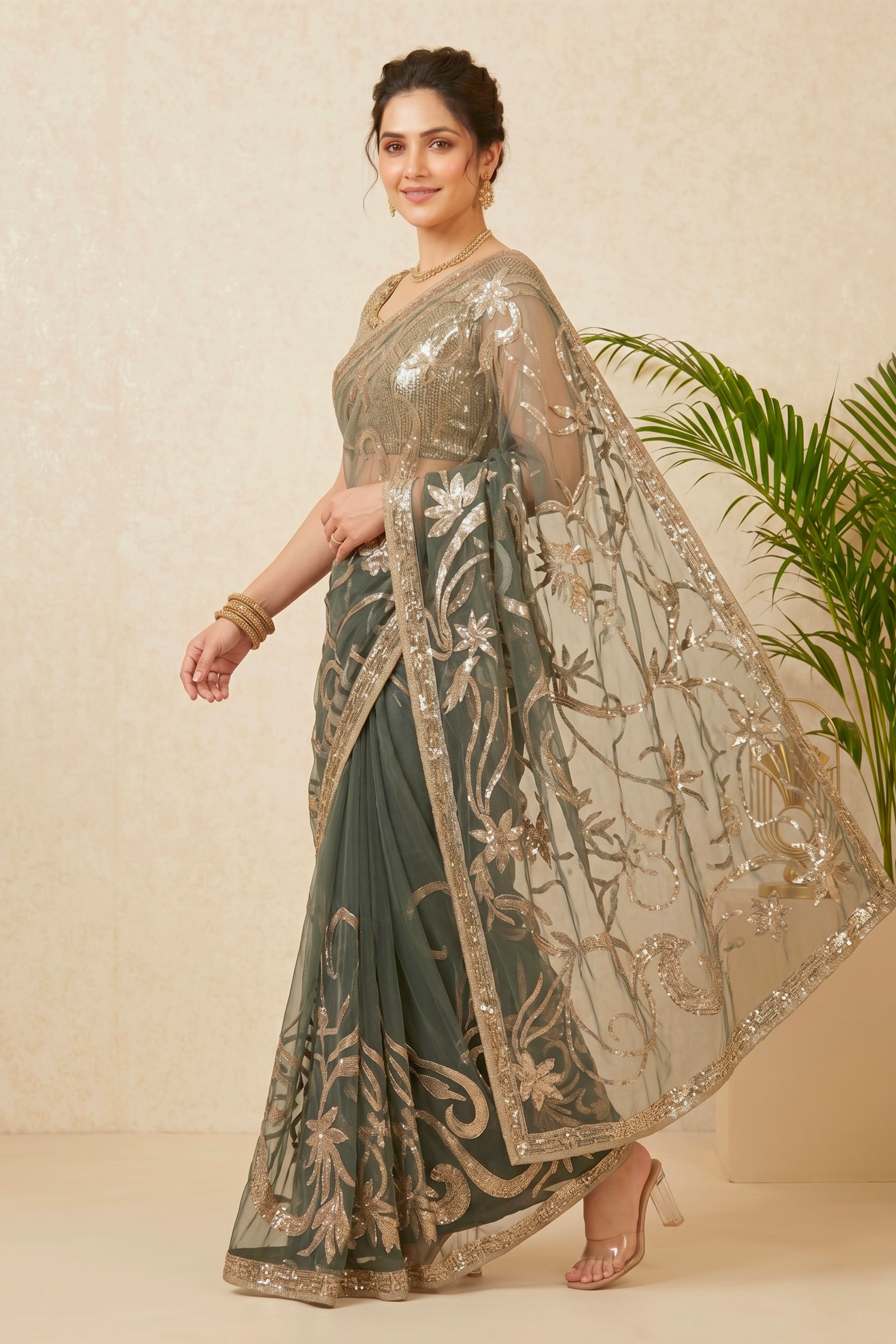 Glamorous Charcoal Grey Embroidered Net Saree with Readymade Blouse