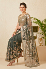 Glamorous Charcoal Grey Embroidered Net Saree with Readymade Blouse