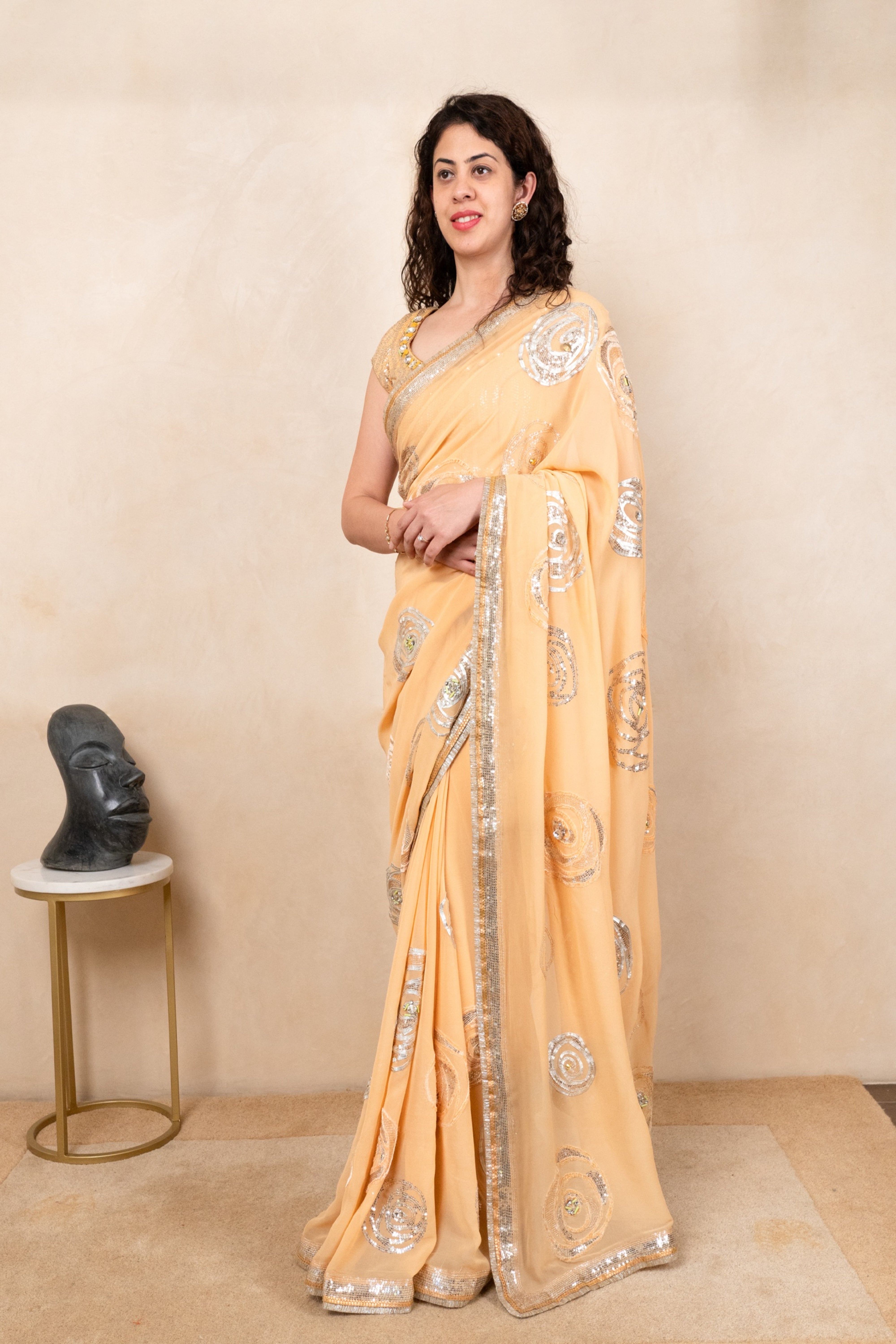 Elegant Pastel Peach Pure Georgette Saree with Ready Blouse