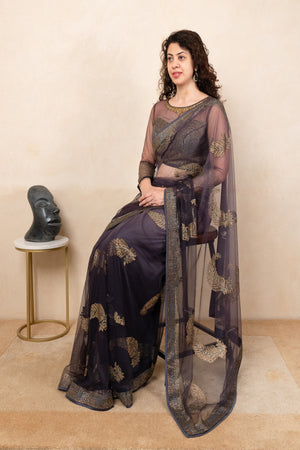 Glamorous Dark Purple Soft Net Saree with Designer Ready Blouse