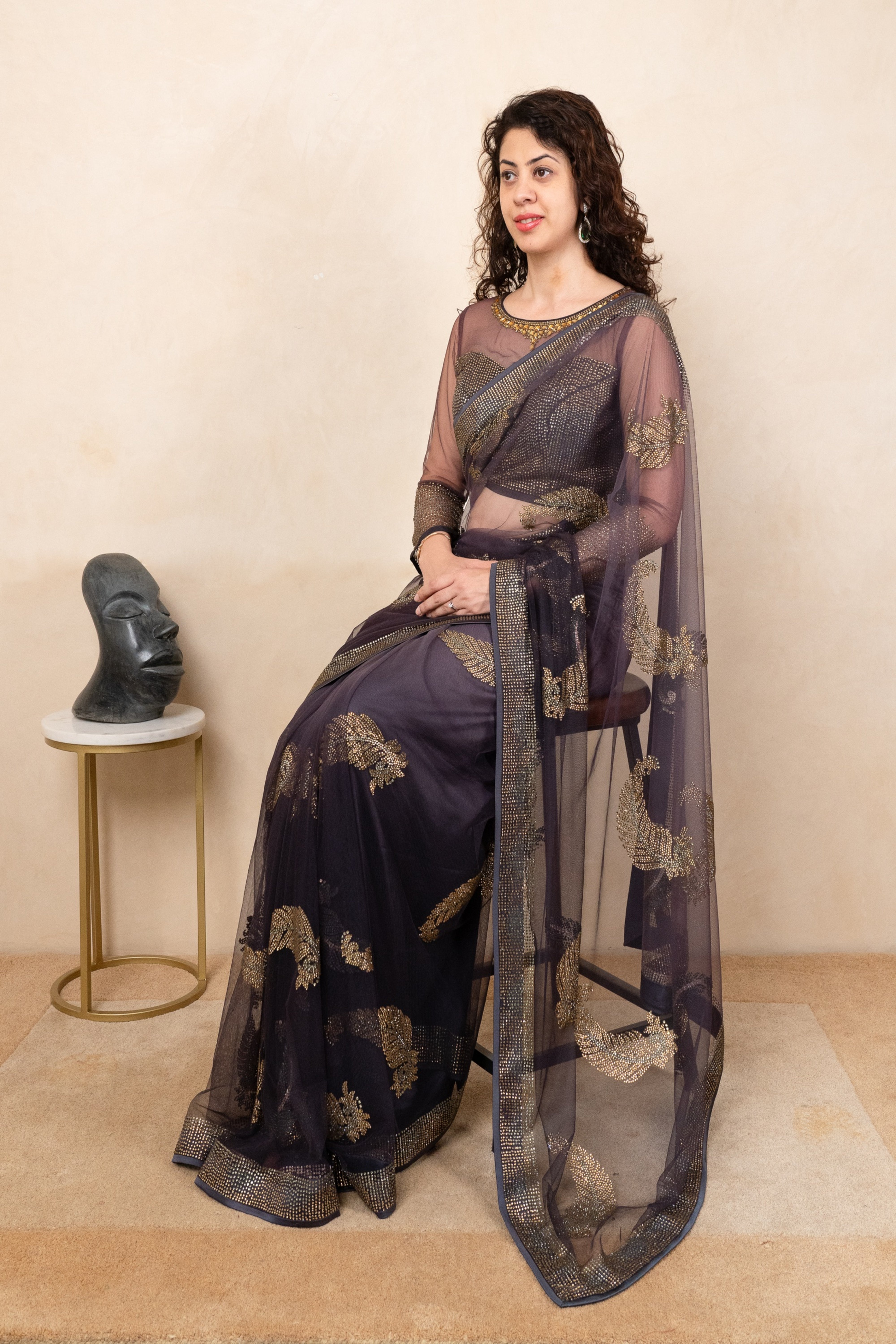 Glamorous Dark Purple Soft Net Saree with Designer Ready Blouse