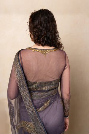 Glamorous Dark Purple Soft Net Saree with Designer Ready Blouse