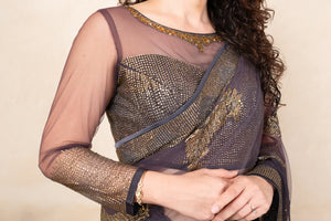 Glamorous Dark Purple Soft Net Saree with Designer Ready Blouse