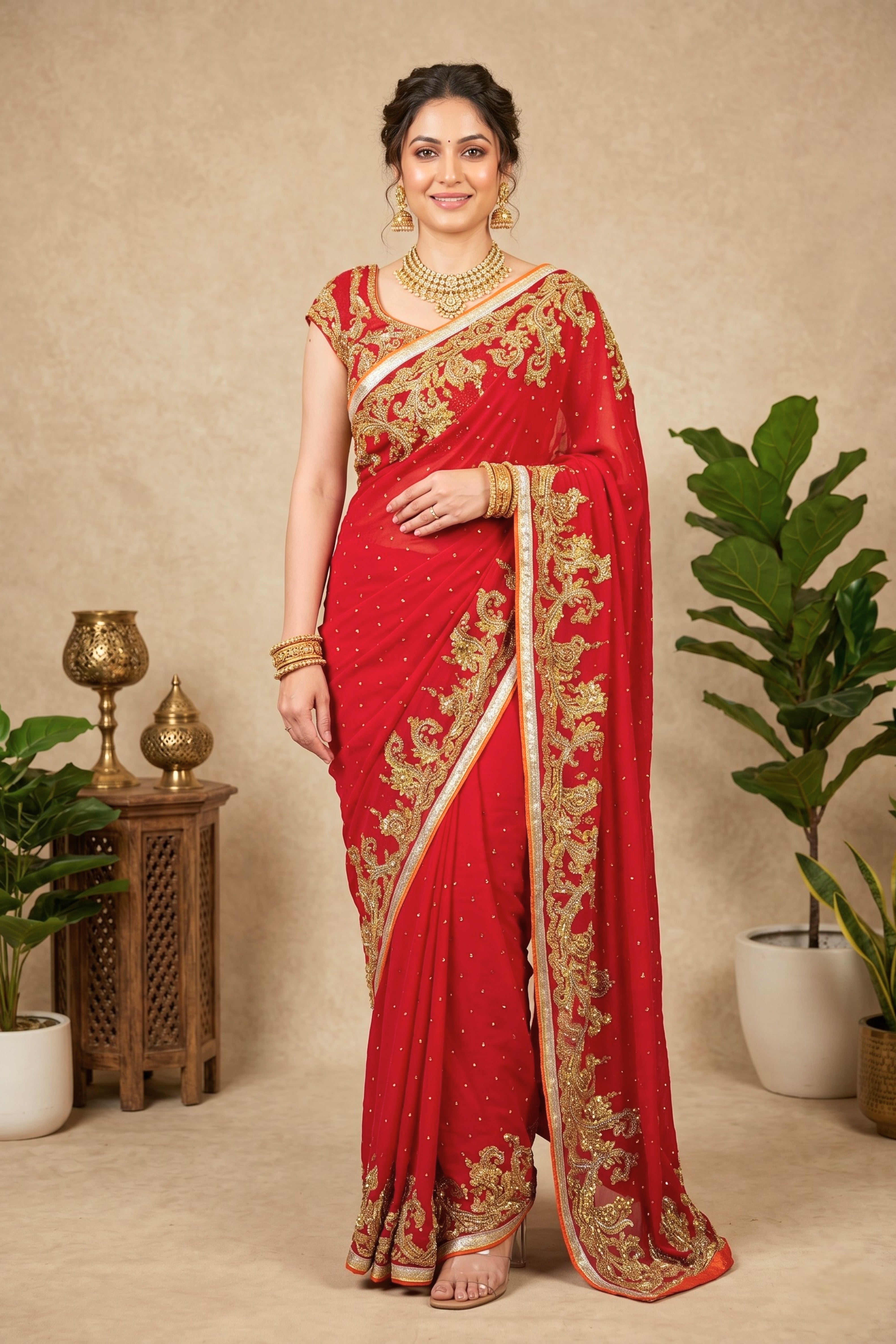 Bridal Red Embroidered Georgette Saree with Readymade Blouse