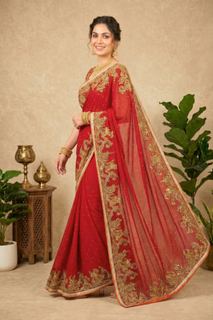 Bridal Red Embroidered Georgette Saree with Readymade Blouse