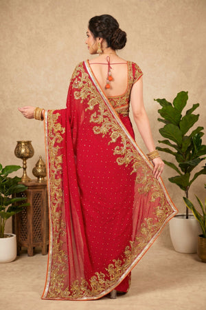 Bridal Red Embroidered Georgette Saree with Readymade Blouse