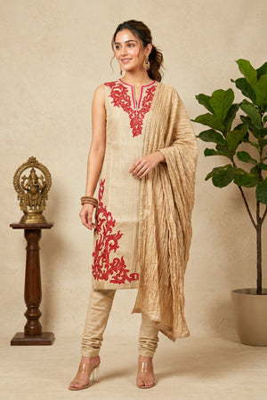 Beige Raw Silk Suit Set with Red Embroidery