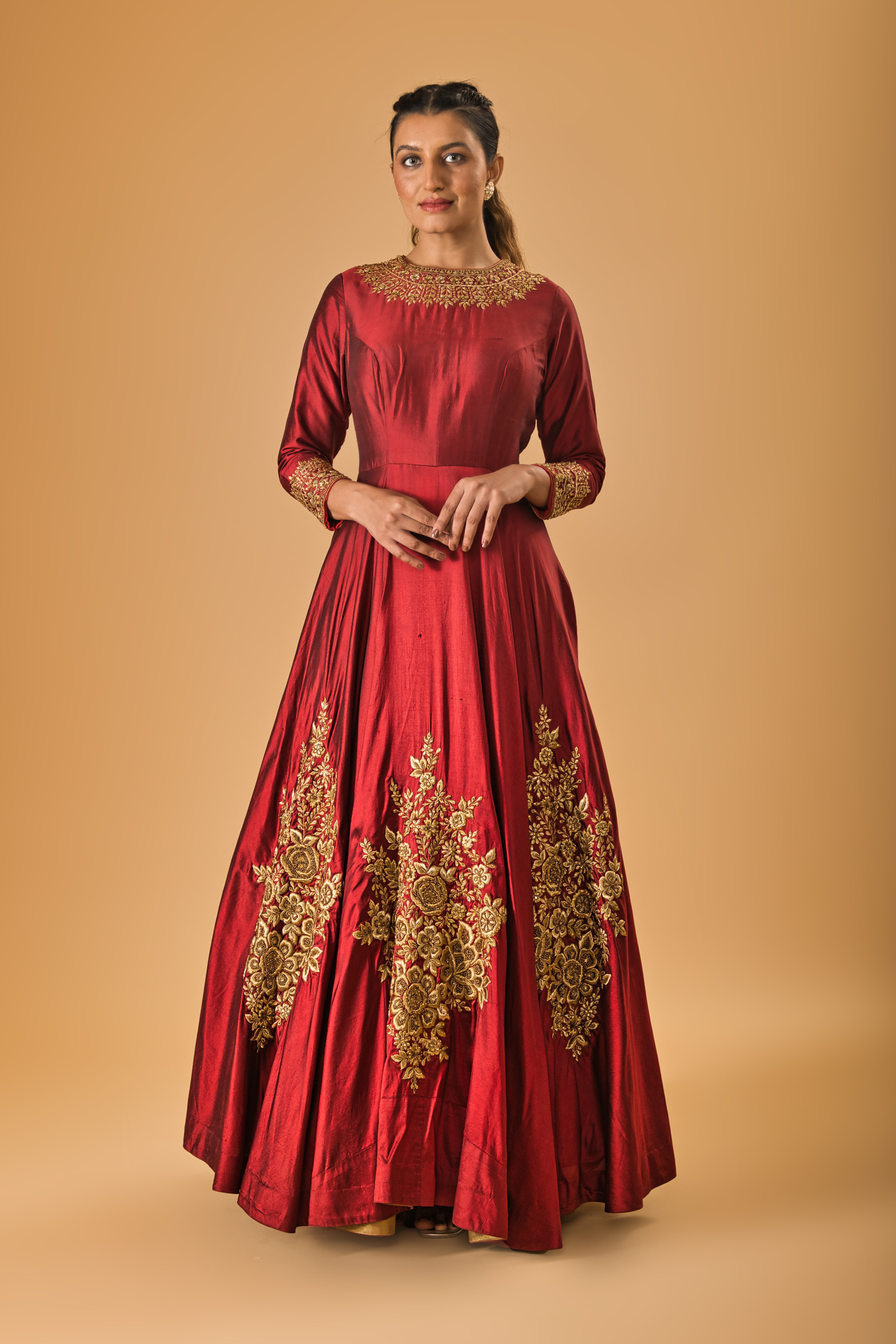 Burgundy Maroon & Gold Embroidered Silk Gown