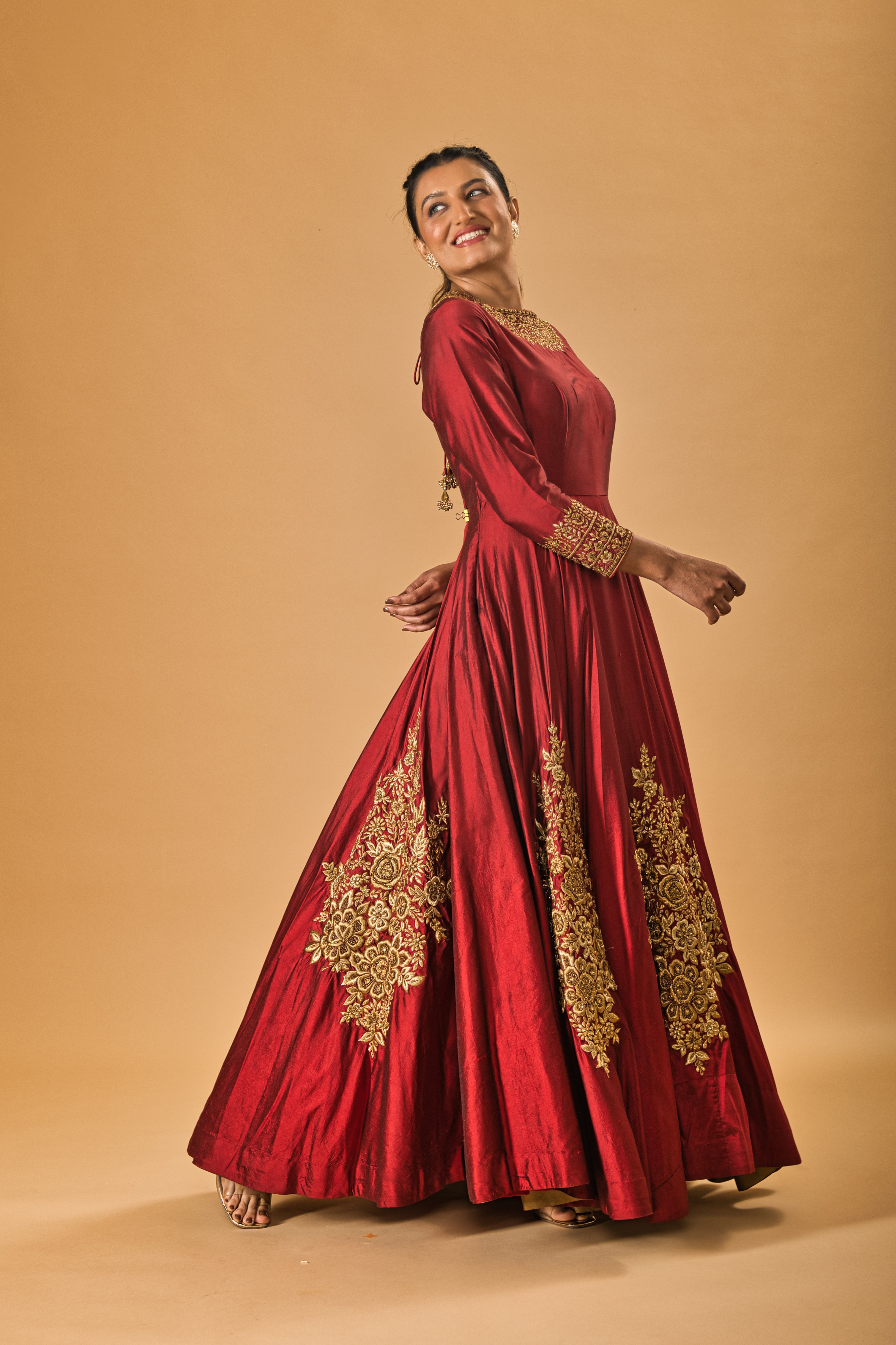 Burgundy Maroon & Gold Embroidered Silk Gown