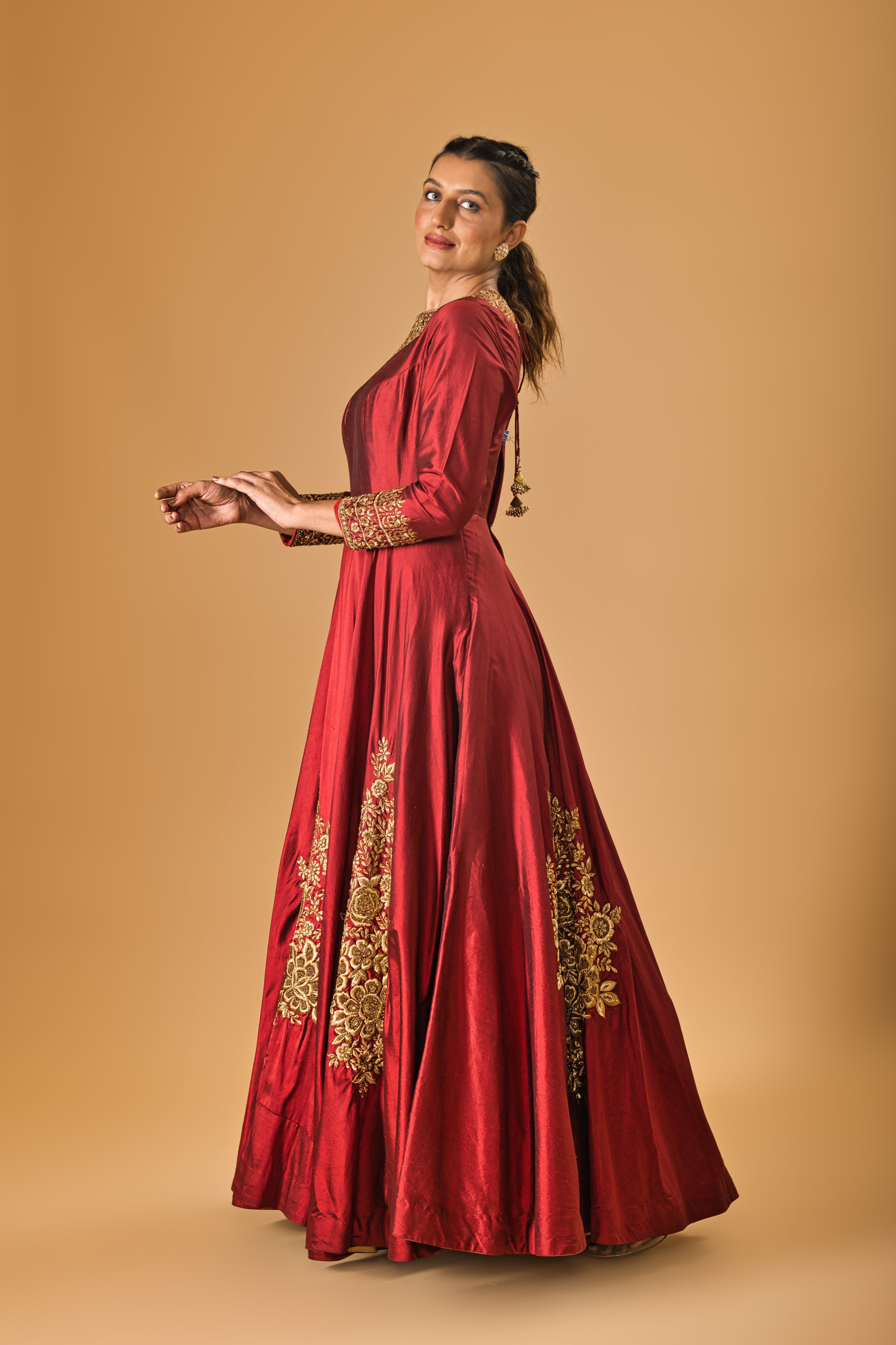 Burgundy Maroon & Gold Embroidered Silk Gown