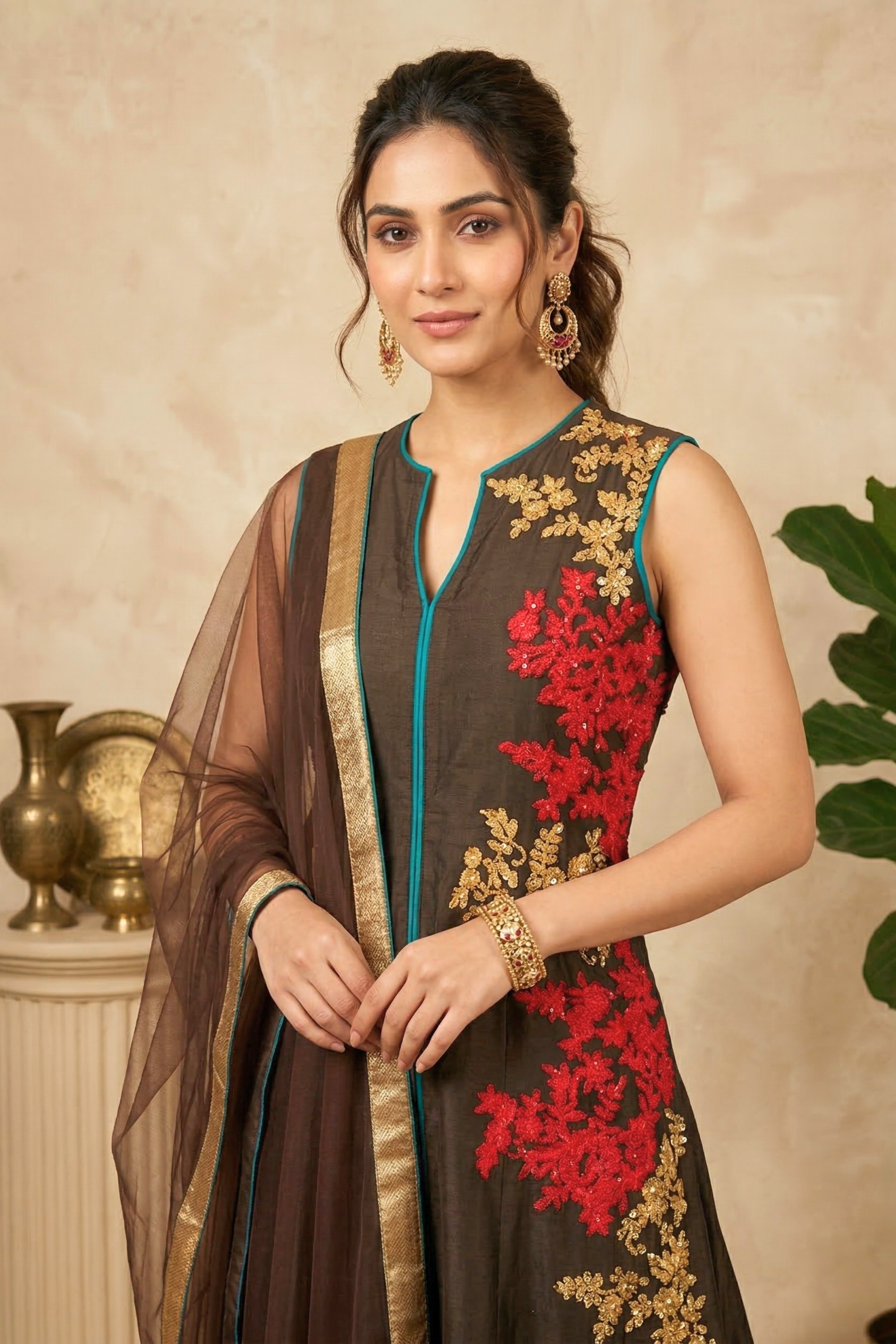 Chocolate Brown Asymmetric Embroidered Suit Set