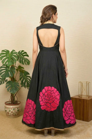 Striking Black Silk Anarkali Suit Set with Bold Pink Rose Applique