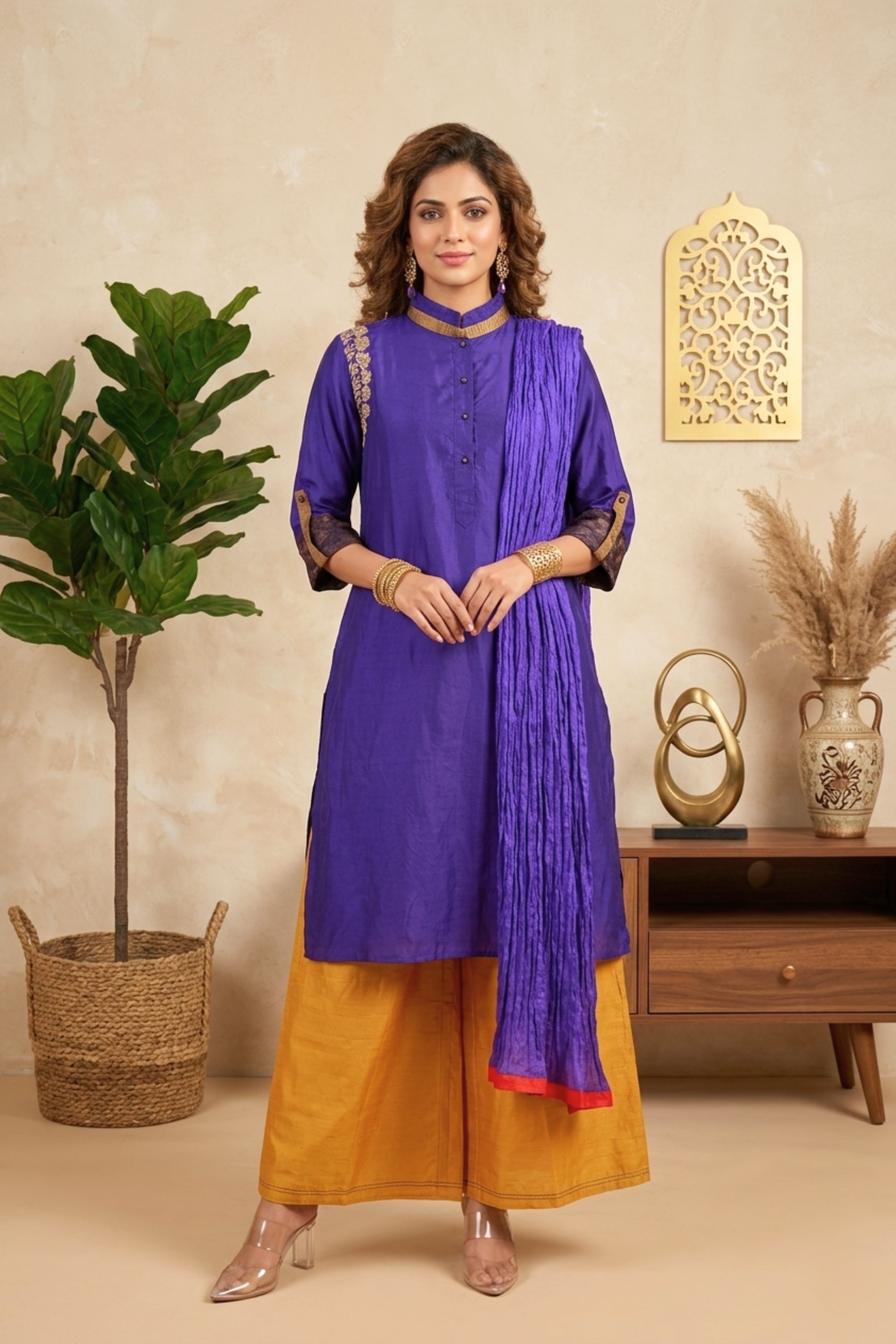 Vibrant Purple & Mustard Silk Palazzo Suit Set with Shoulder Embroidery