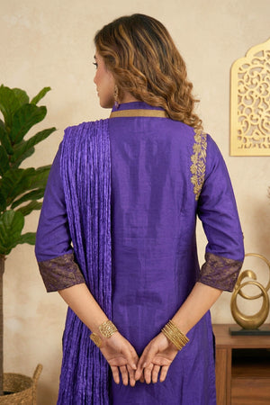 Vibrant Purple & Mustard Silk Palazzo Suit Set with Shoulder Embroidery