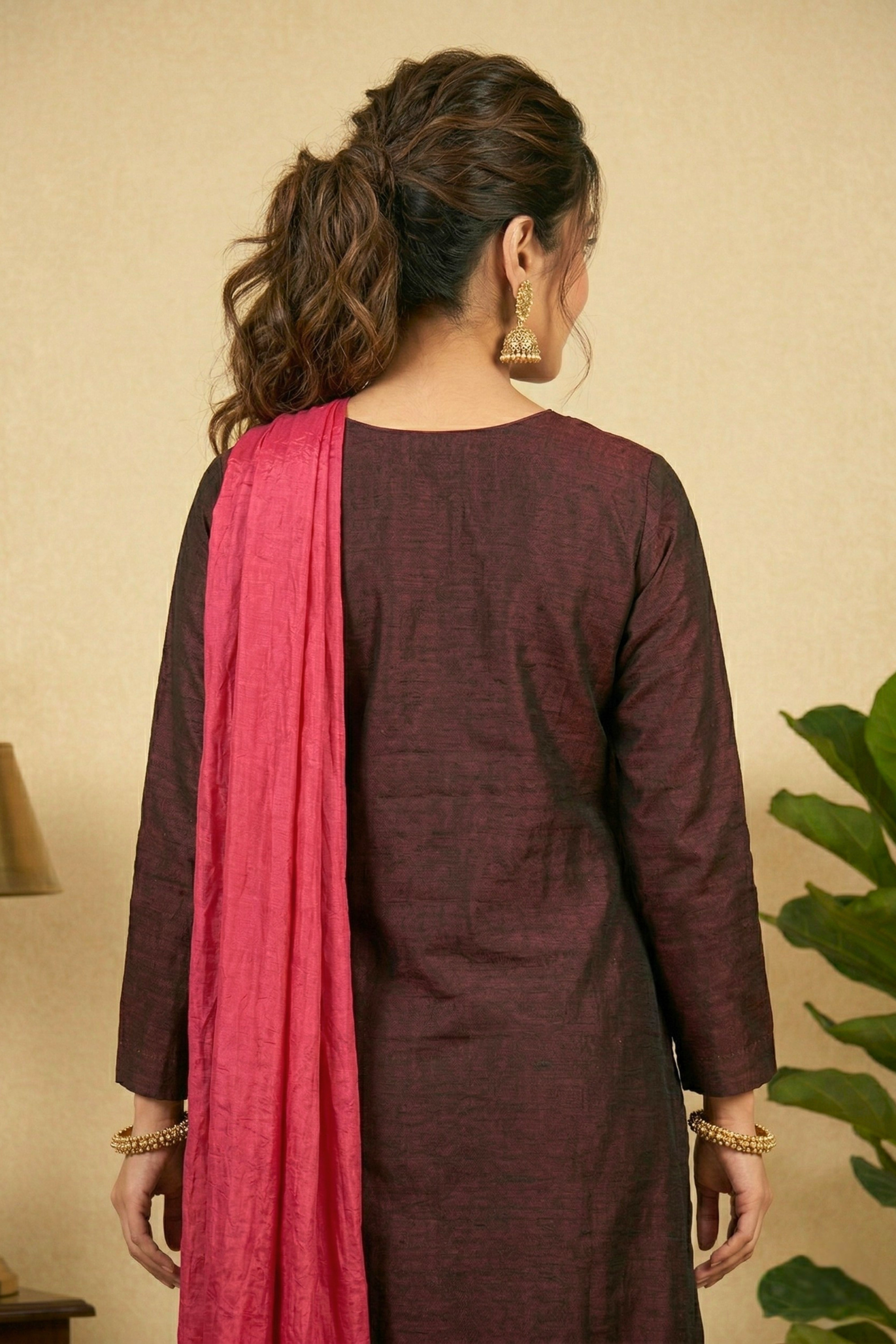 Elegant Deep Maroon Silk Suit Set with Contrast Blue Palazzos & Pink Dupatta