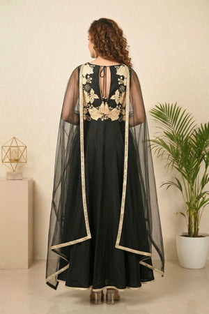 Black Silk Anarkali Suit Set with Floral Threadwork