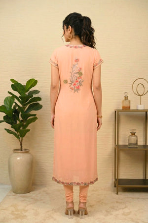 Baby Peach Georgette Threadwork Kurti Set