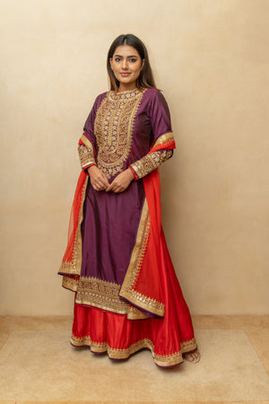 Deep Plum & Red Embroidered Silk Sharara Suit Set