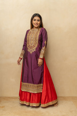 Deep Plum & Red Embroidered Silk Sharara Suit Set