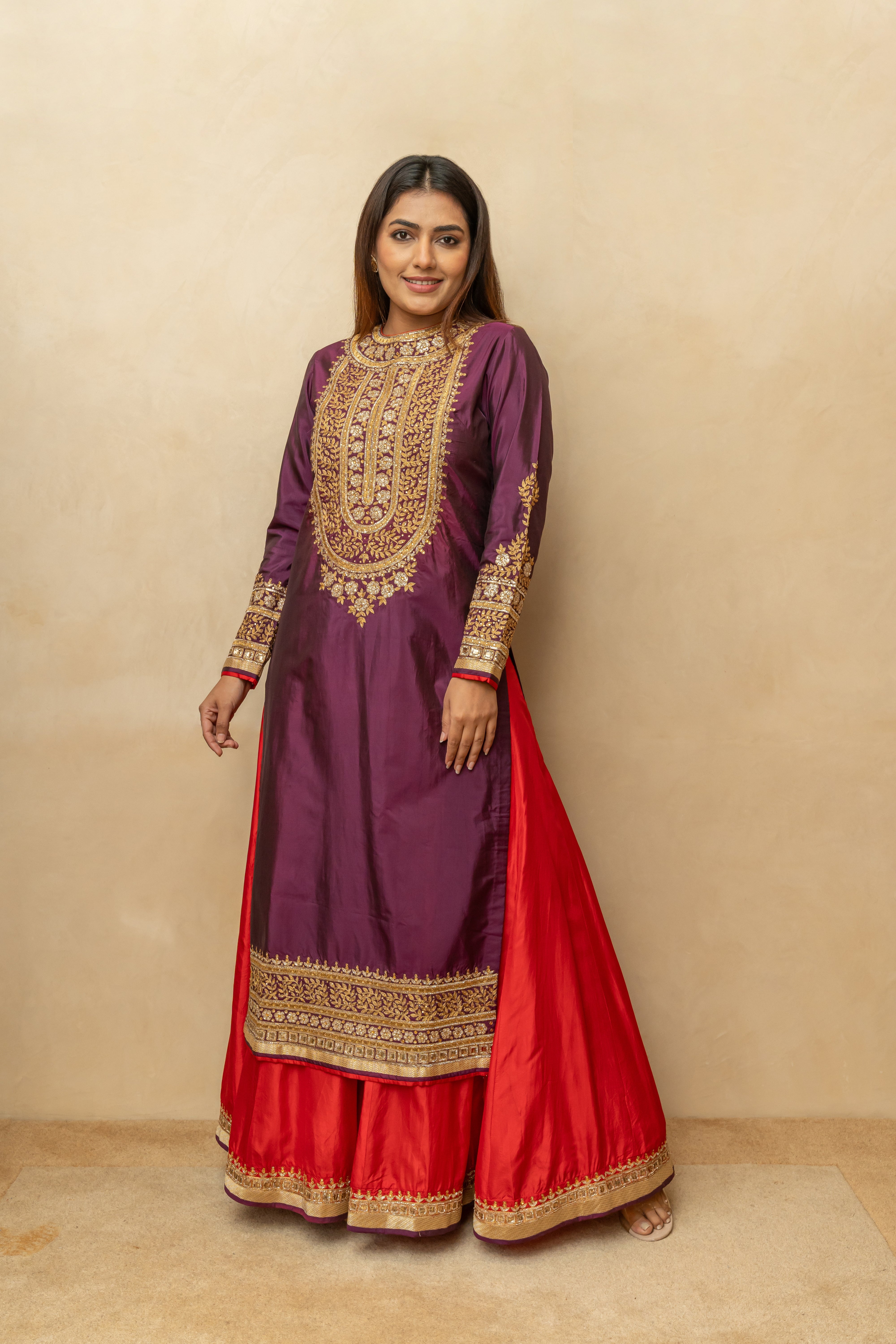 Deep Plum & Red Embroidered Silk Sharara Suit Set