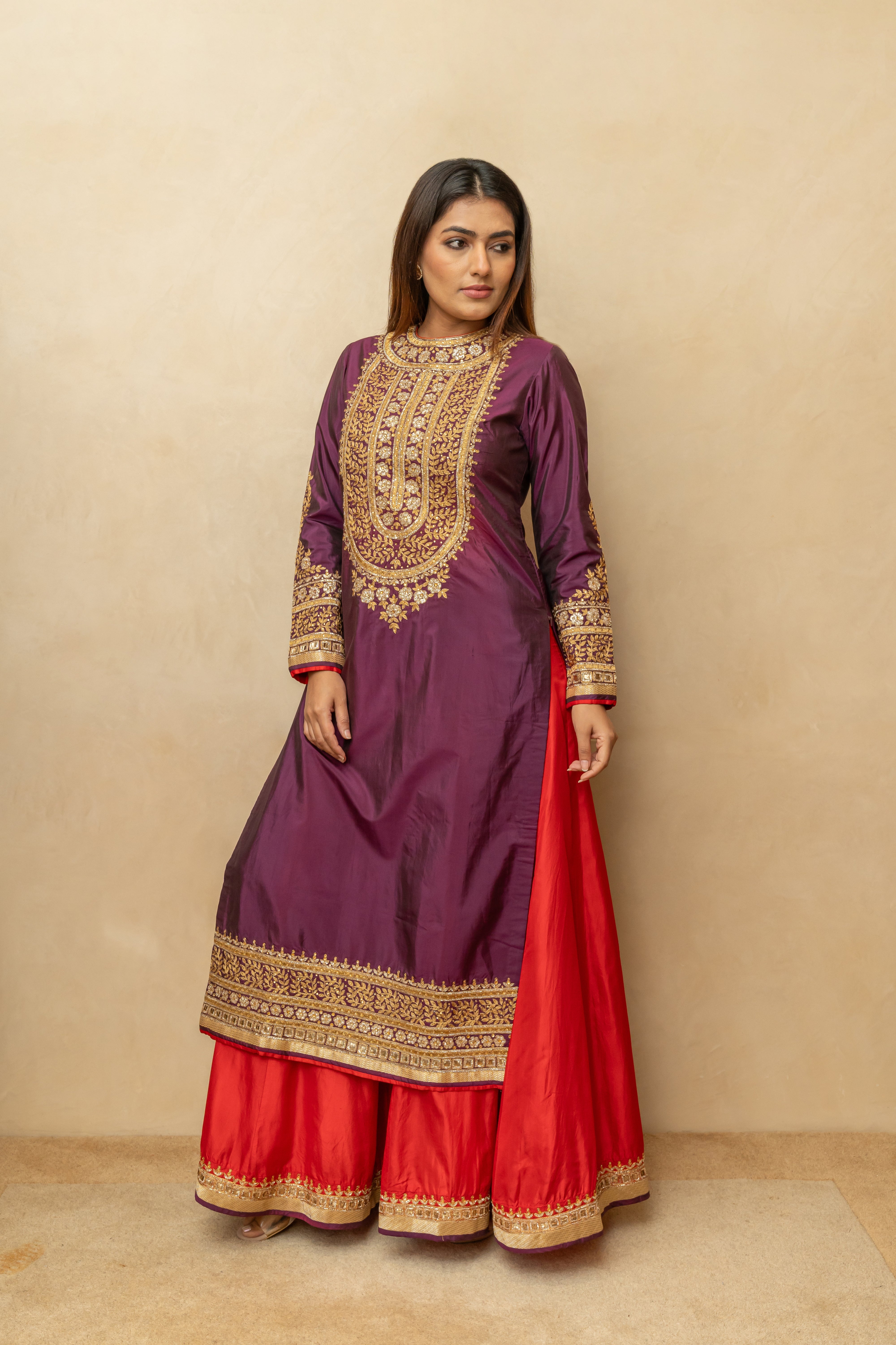 Deep Plum & Red Embroidered Silk Sharara Suit Set