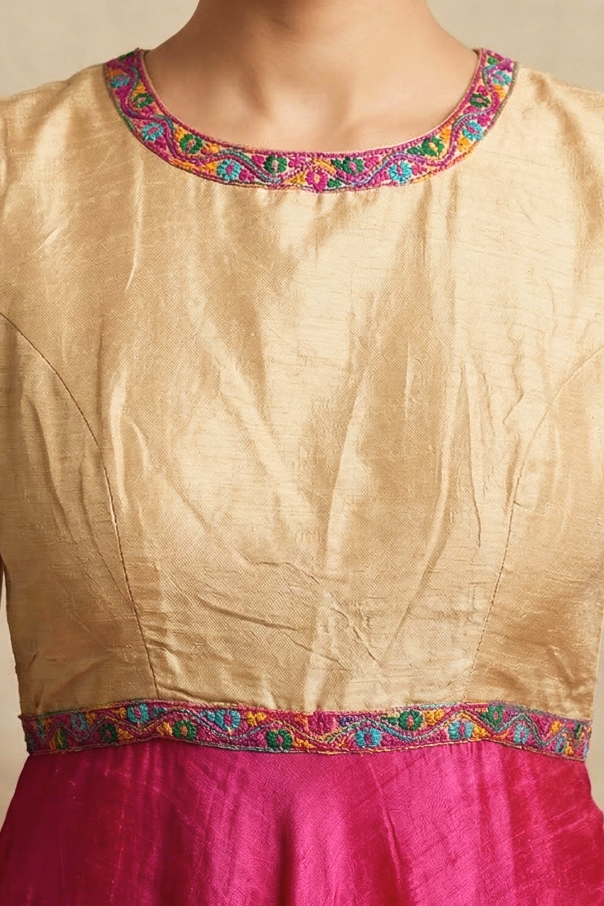 Beige and Fuchsia Pink Raw Silk Gown