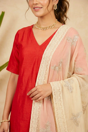 Elegant Red Silk Suit Set with Embroidered Pastel Georgette Dupatta