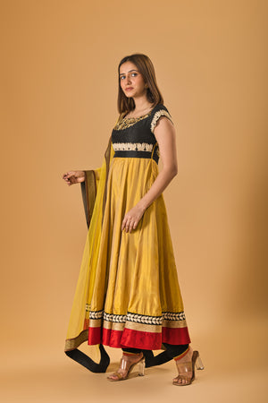Mustard and Black Silk Embroidered Anarkali Suit Set