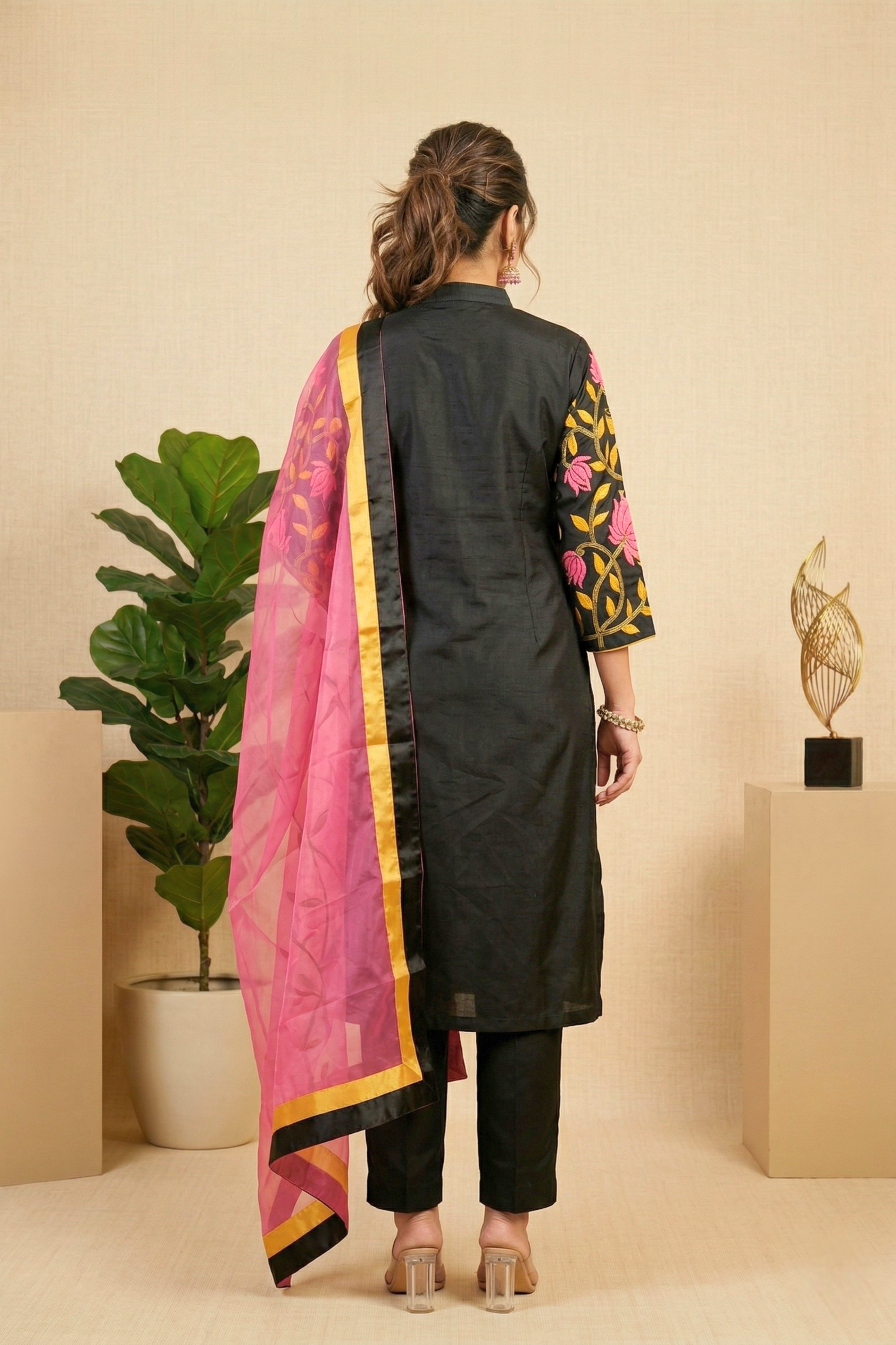 Striking Black Silk Suit Set with Pink & Yellow Floral Embroidery