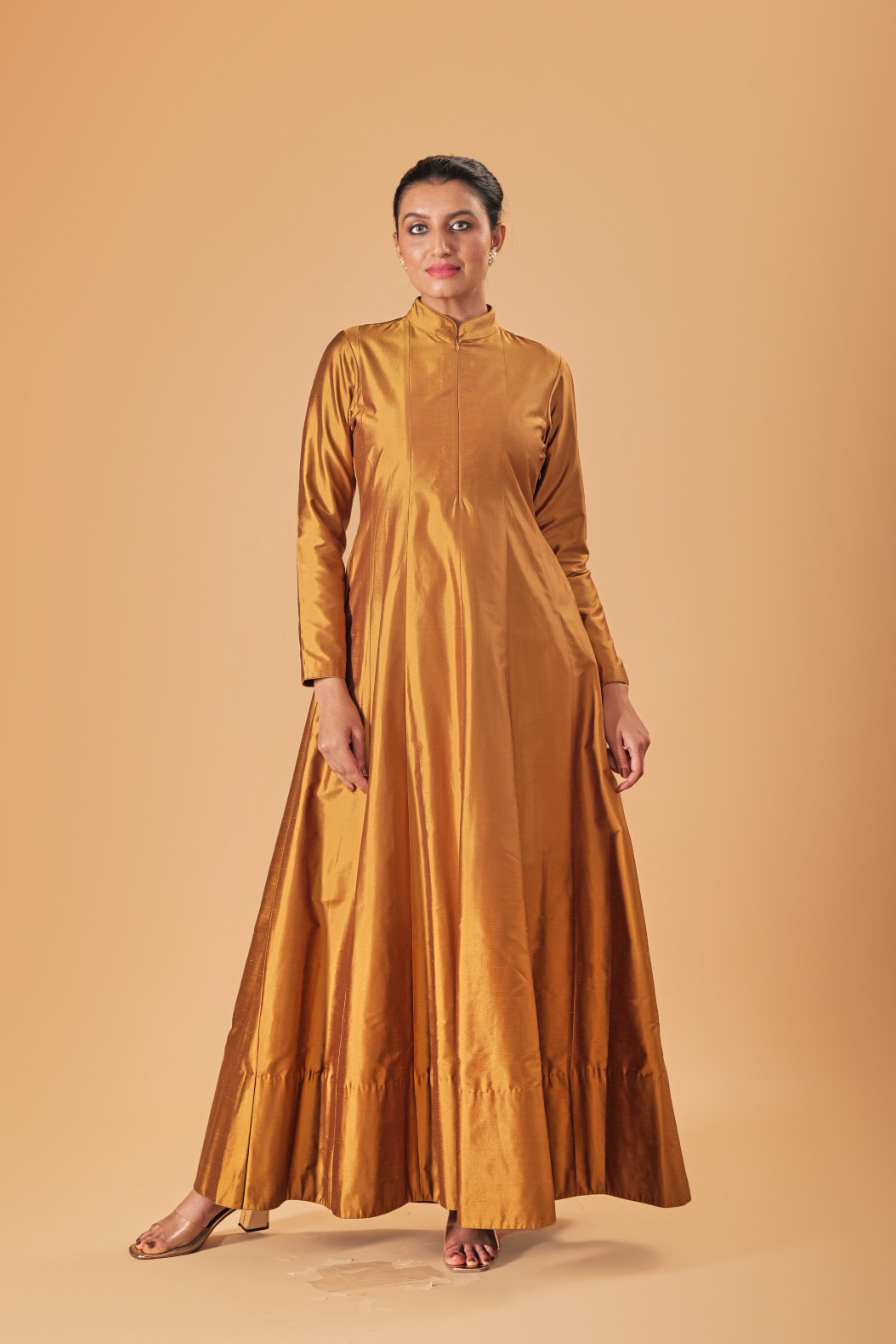 Indowestern Copper Gold Silk Semi Anarkali Gown