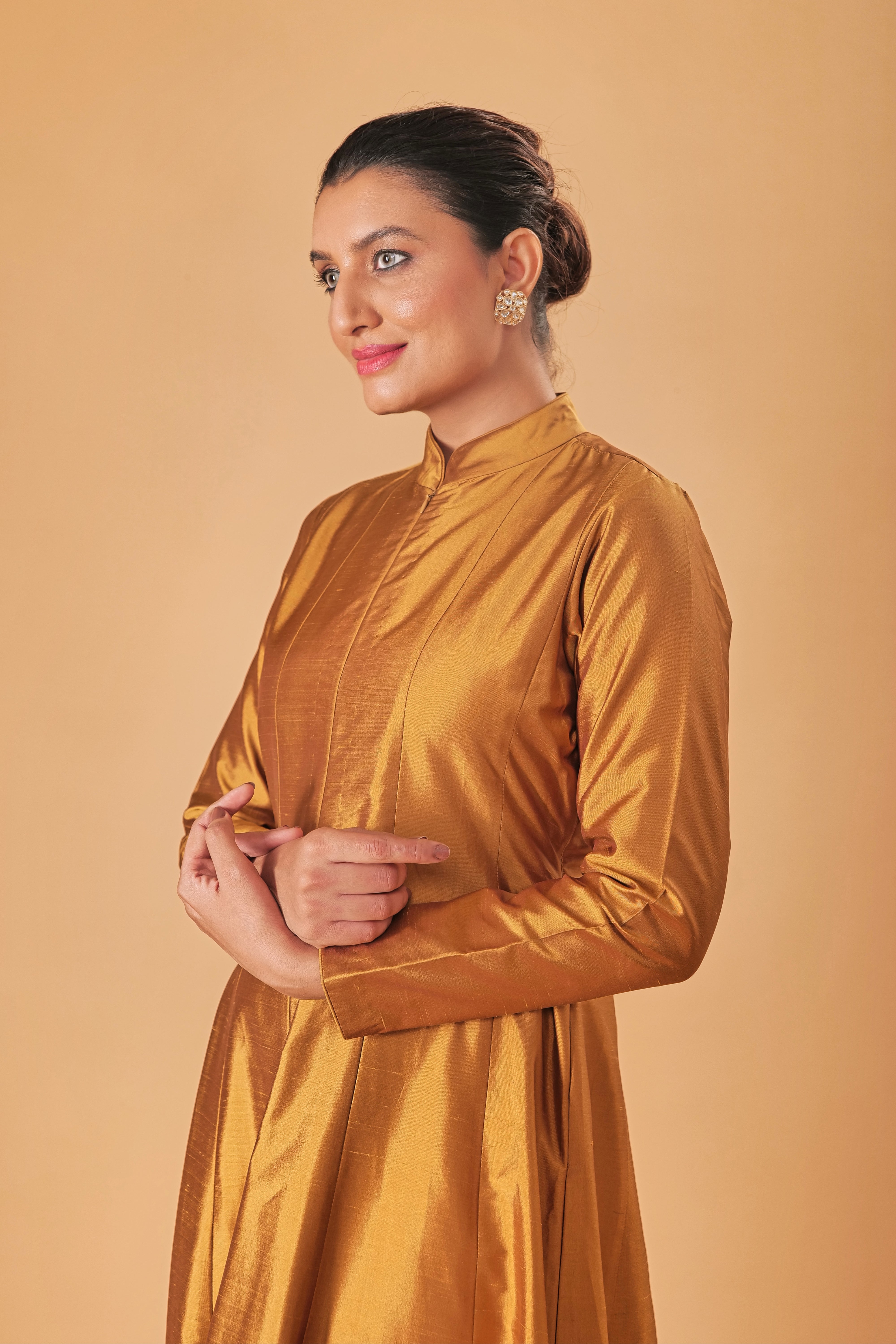 Indowestern Copper Gold Silk Semi Anarkali Gown