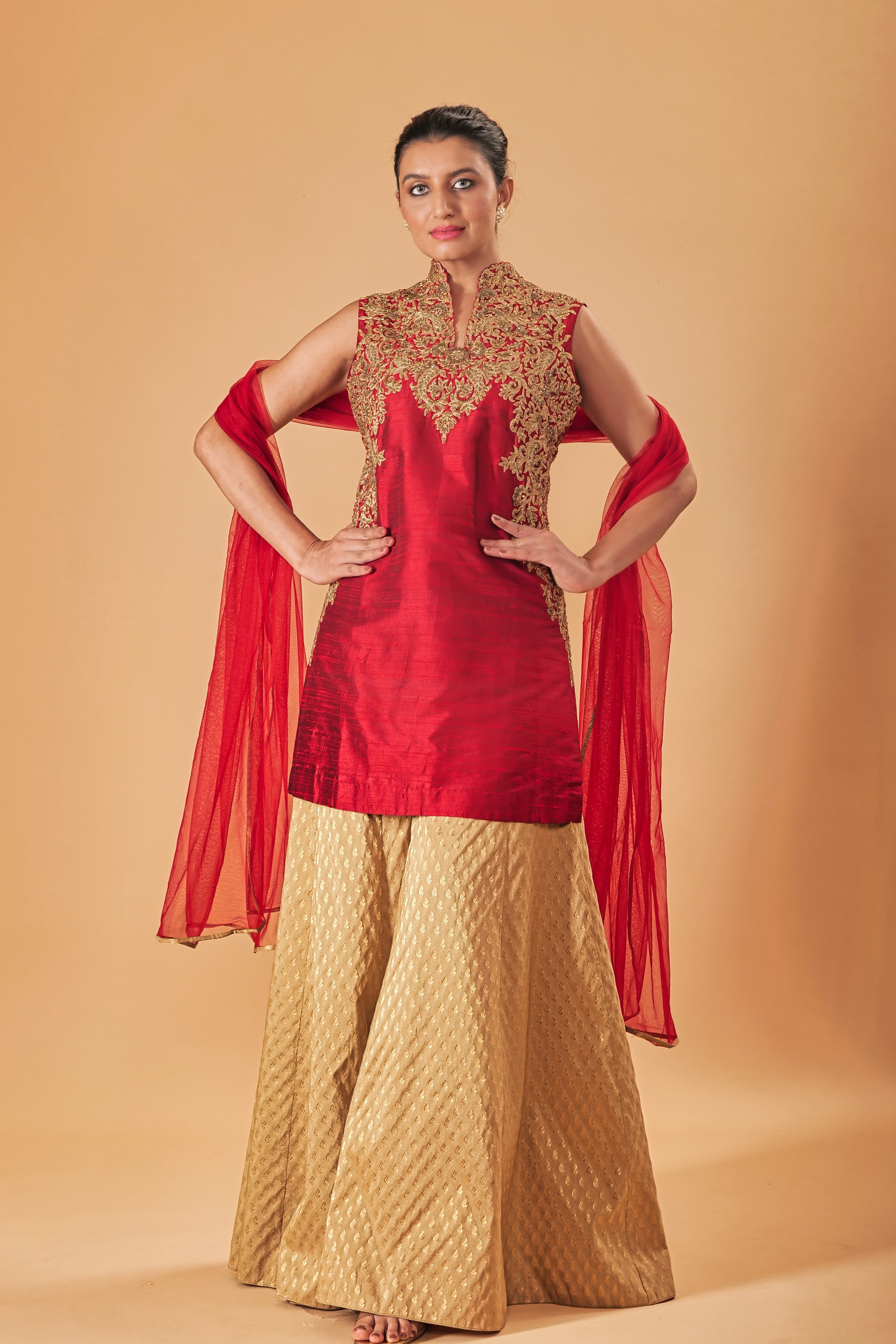 Deep Red & Gold Silk Embroidered Sharara Suit Set