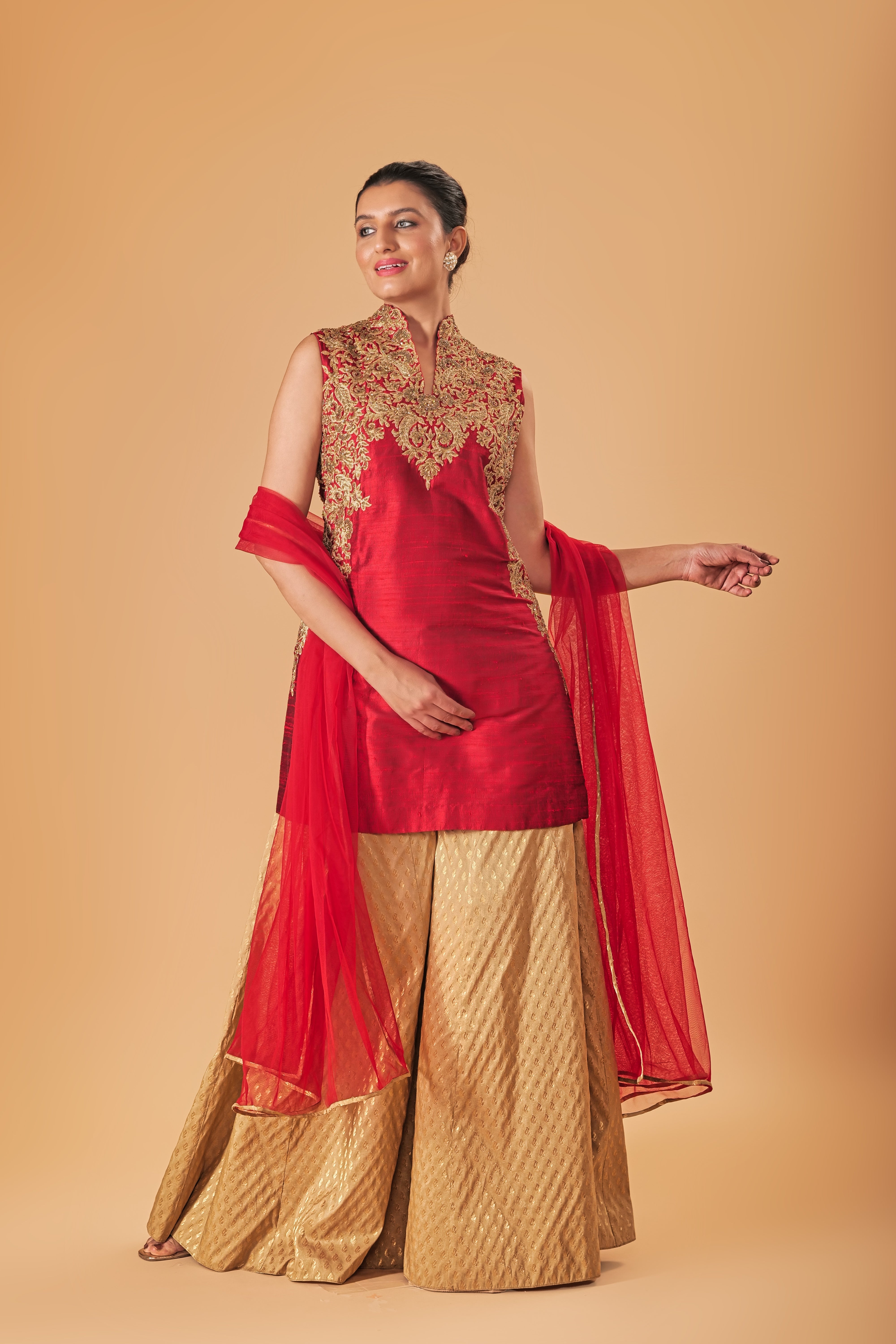 Deep Red & Gold Silk Embroidered Sharara Suit Set