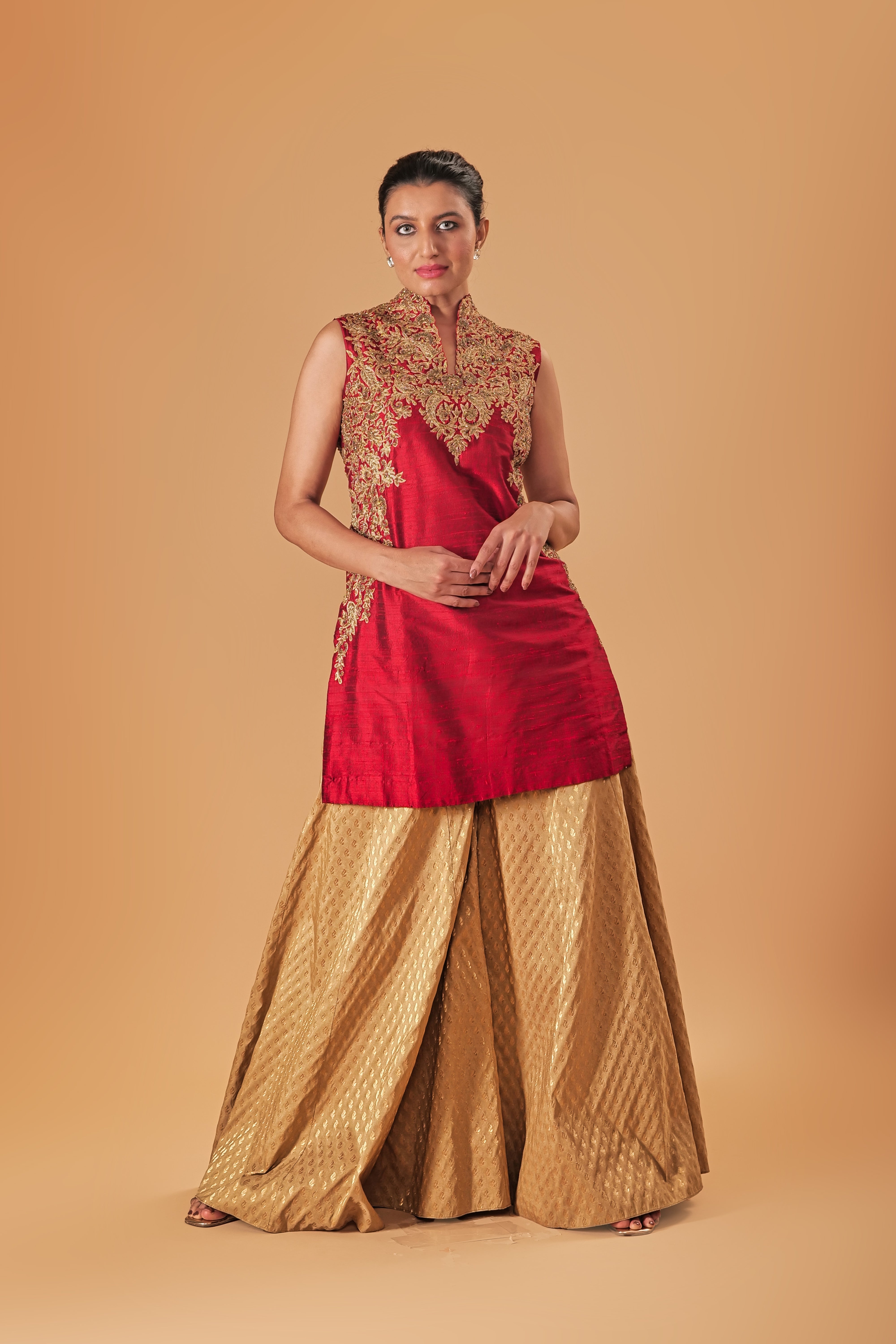 Deep Red & Gold Silk Embroidered Sharara Suit Set