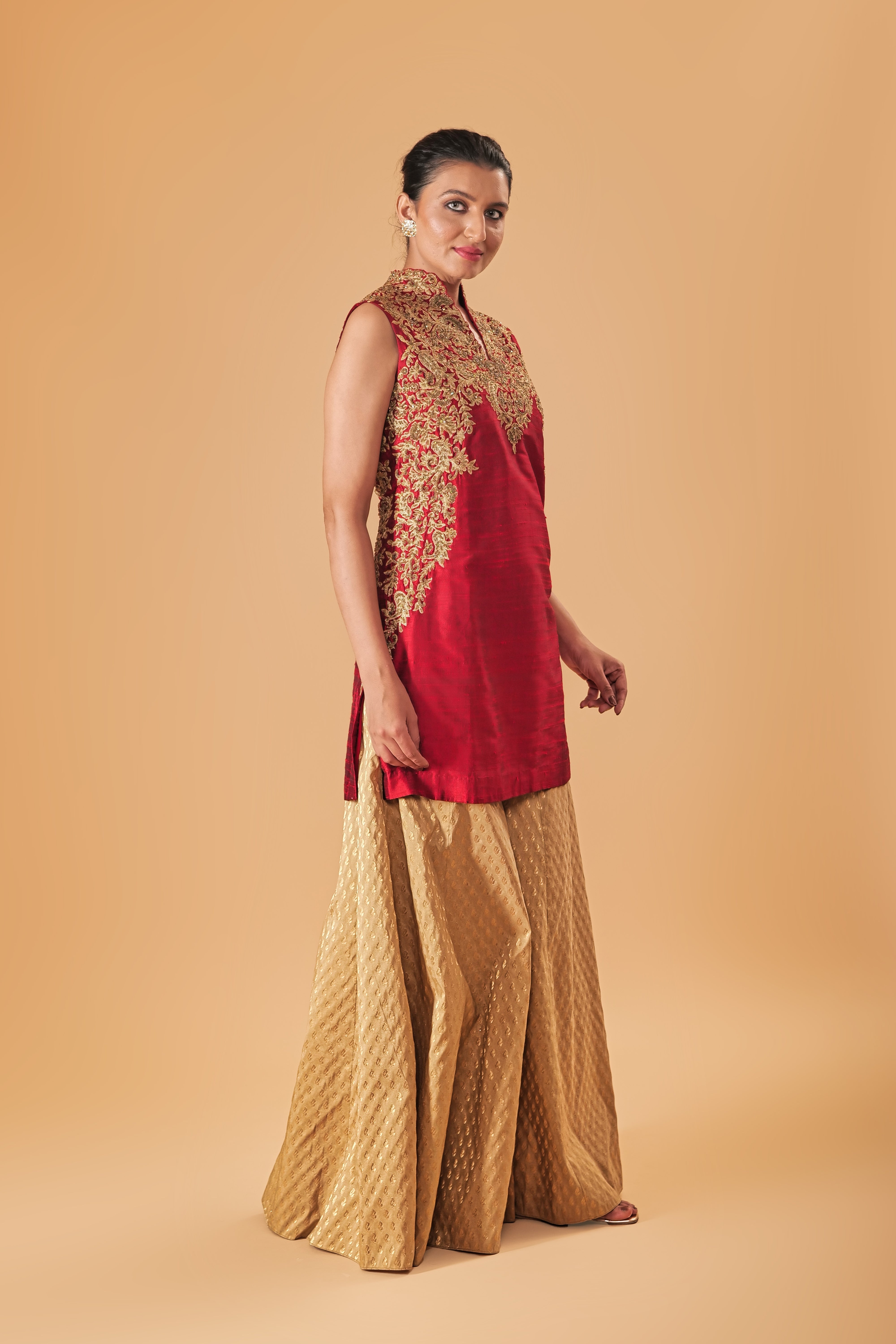Deep Red & Gold Silk Embroidered Sharara Suit Set