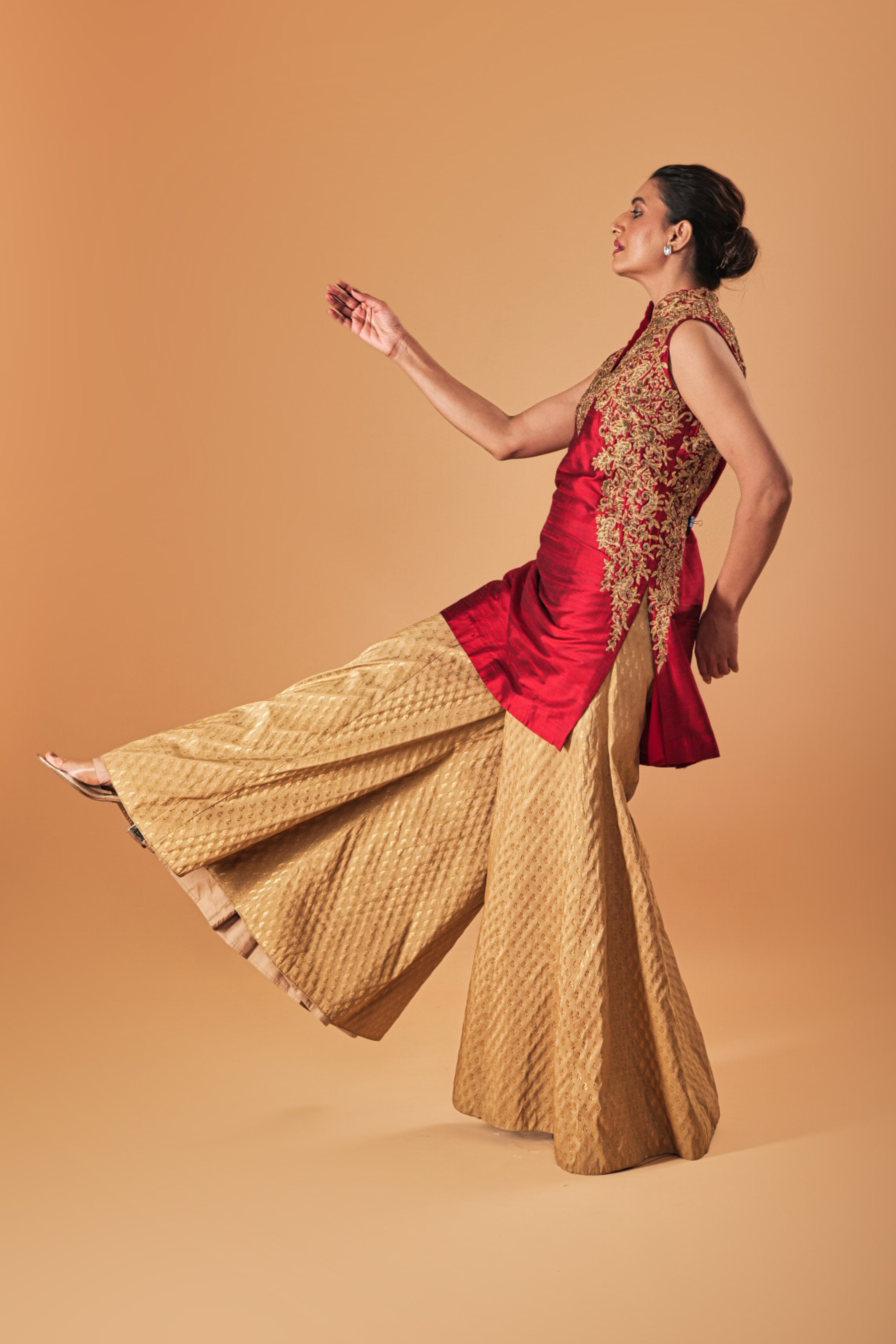 Deep Red & Gold Silk Embroidered Sharara Suit Set